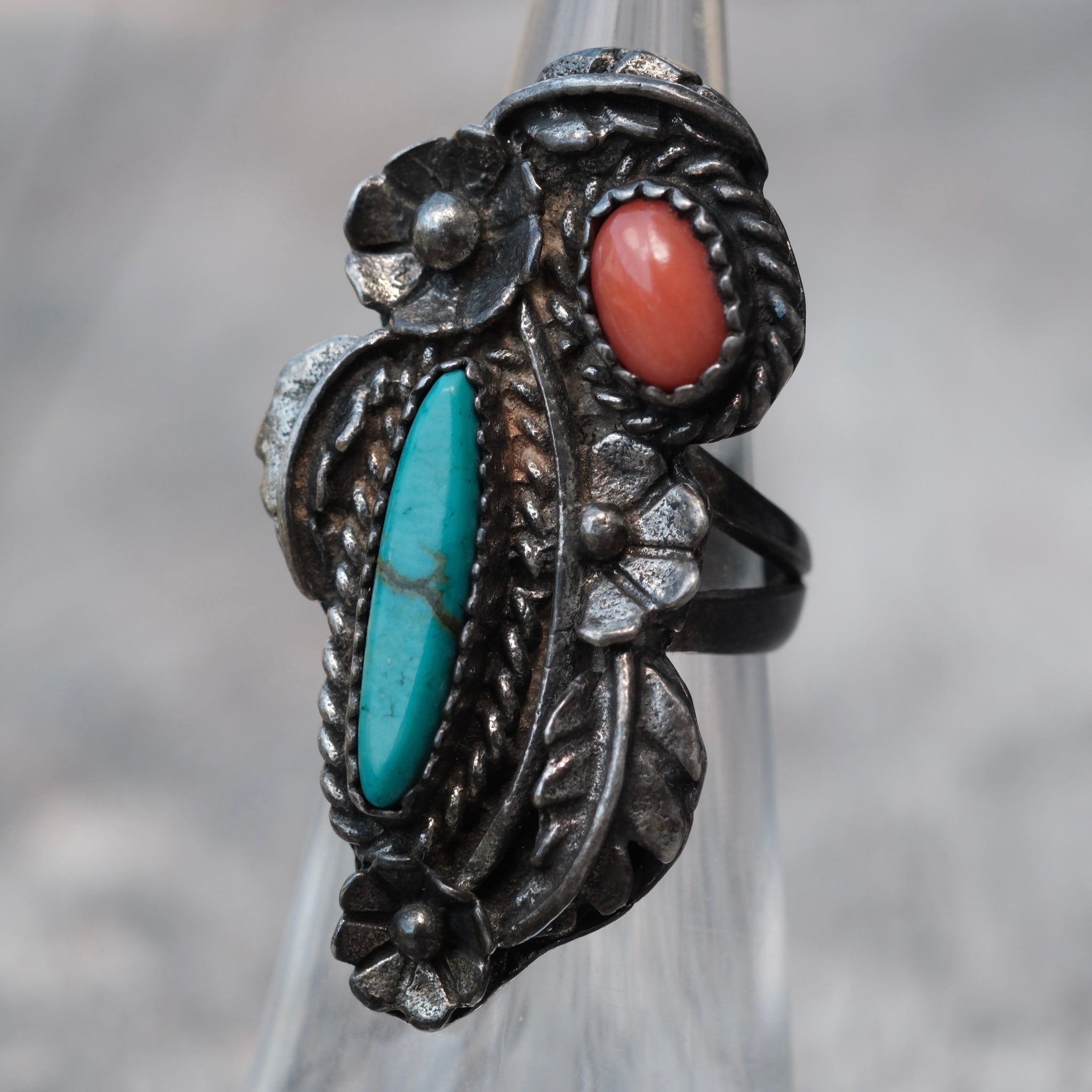 Vintage Sterling Turquoise and Coral Feather Ring 4