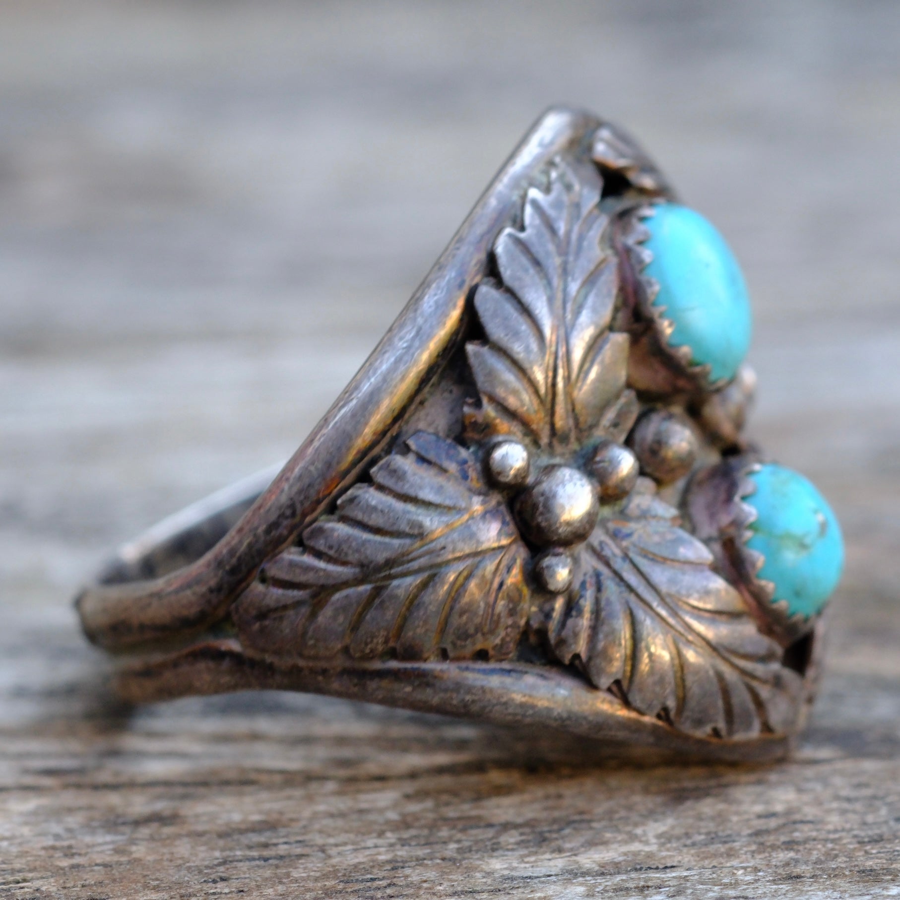 Vintage Sterling 2-Stone Turquoise Feather Ring 13.5