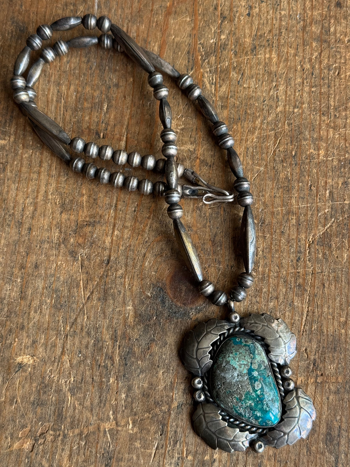 Vintage Turquoise Leaf Sterling Silver Pawn Bead Necklace