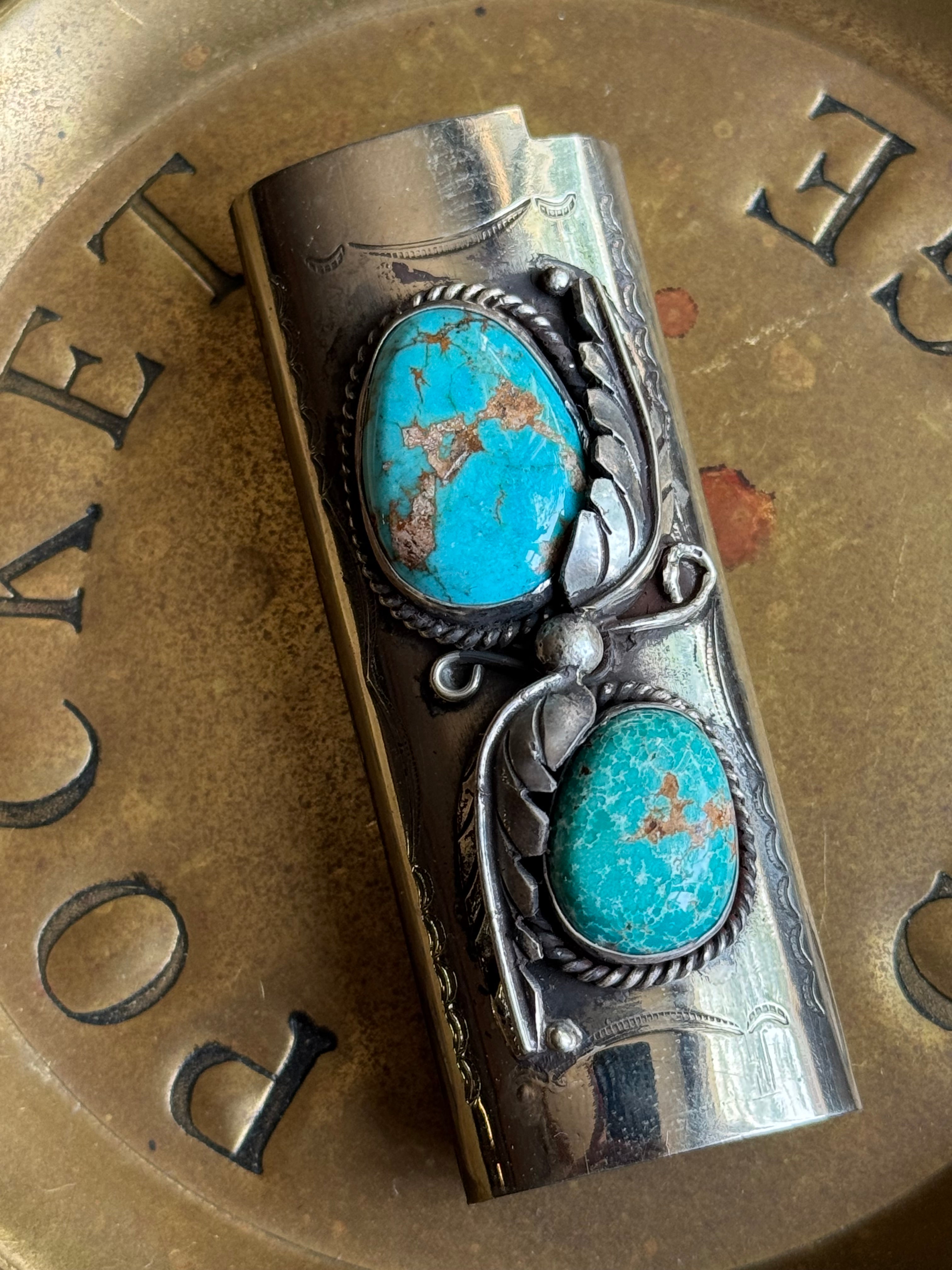 Vintage Stamped Nickel & Sterling Silver Turquoise Lighter Case