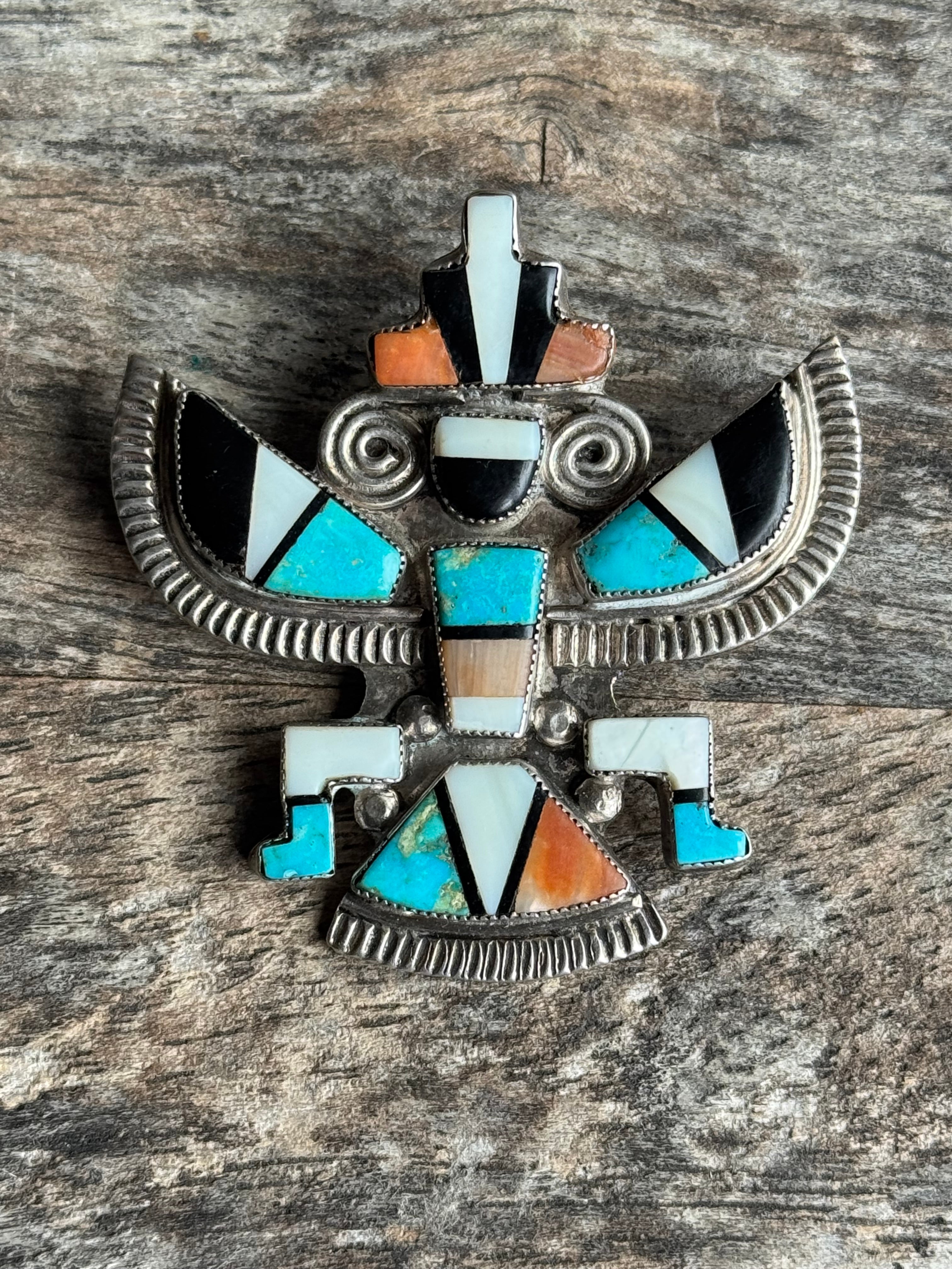 Vintage Sterling Silver Multistone Inlay Knifewing Pin