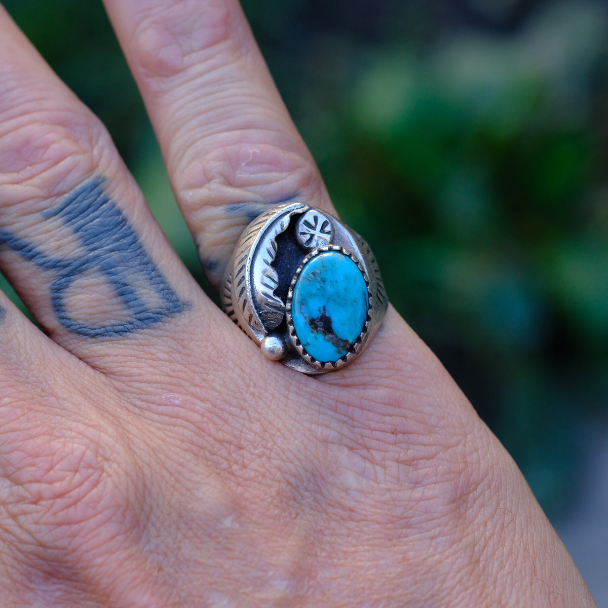 Vintage Sterling Turquoise Feather Ring 7