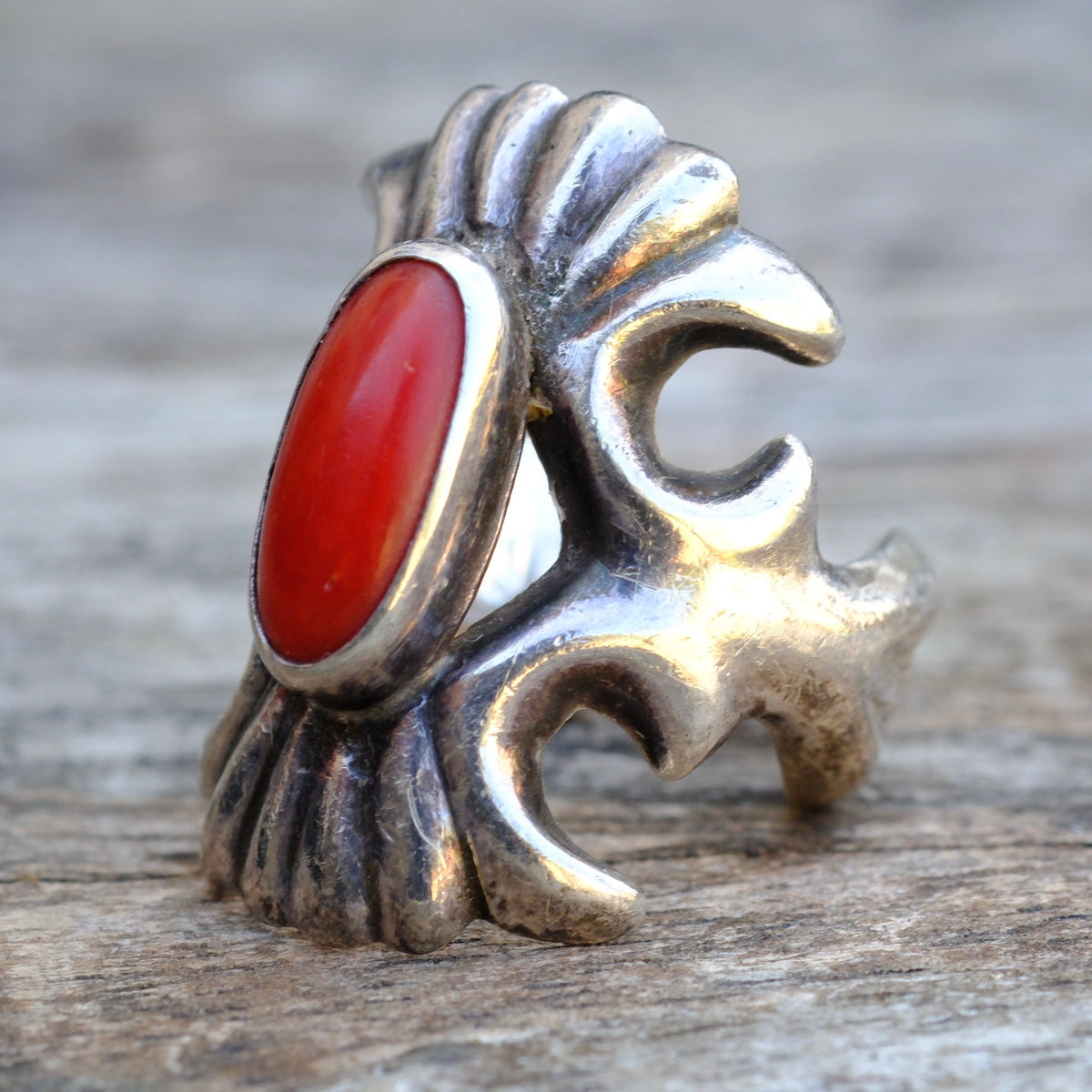 Vintage Sterling Coral Sandcast Ring 5