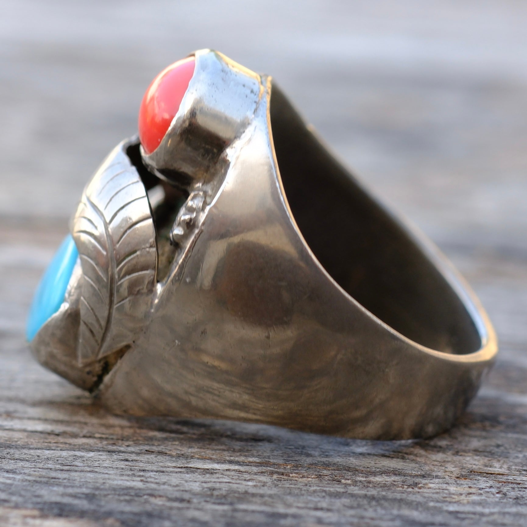 Vintage Sterling Turquoise and Coral Ring 11.5