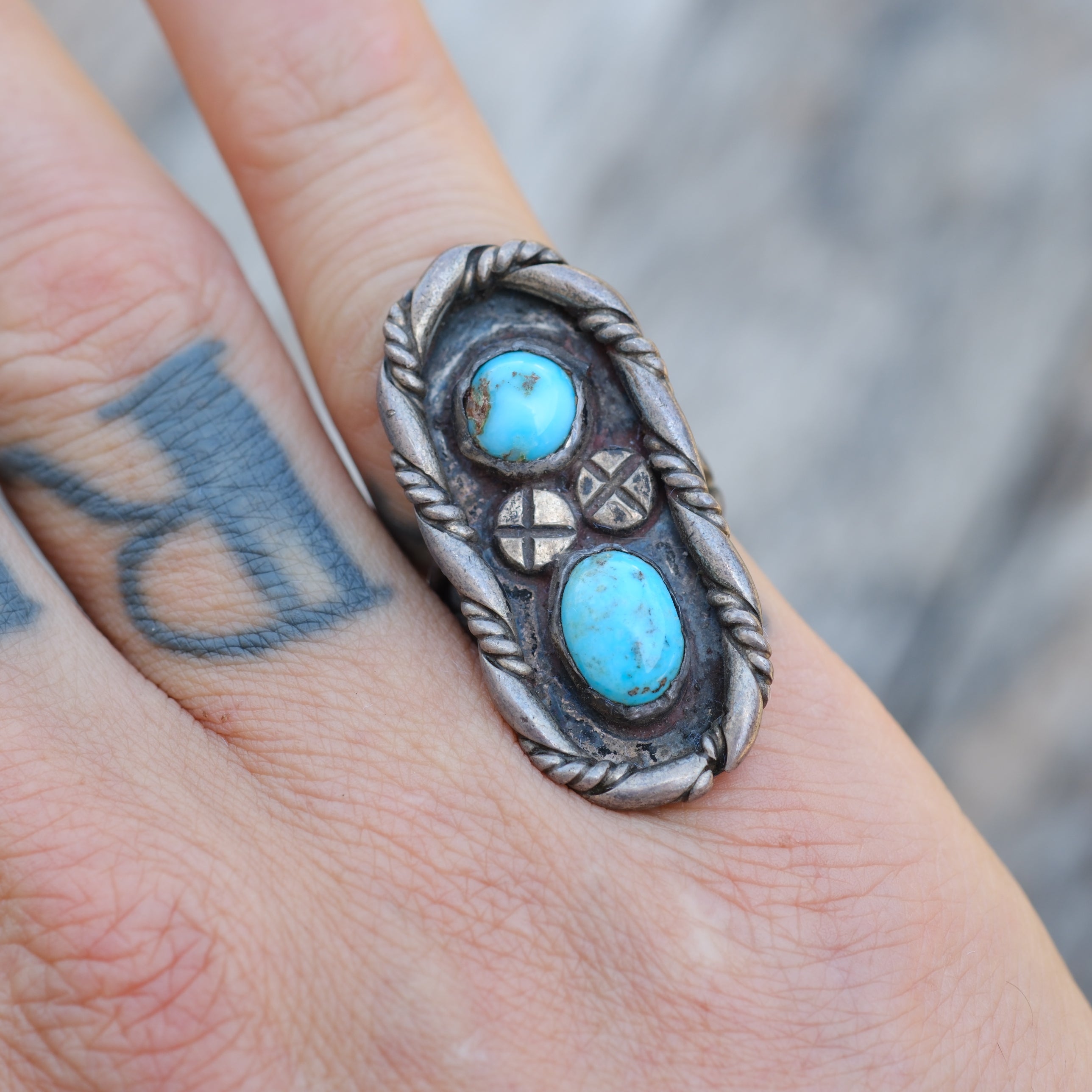 Vintage Sterling 2-Stone Turquoise Roper Ring 5.75