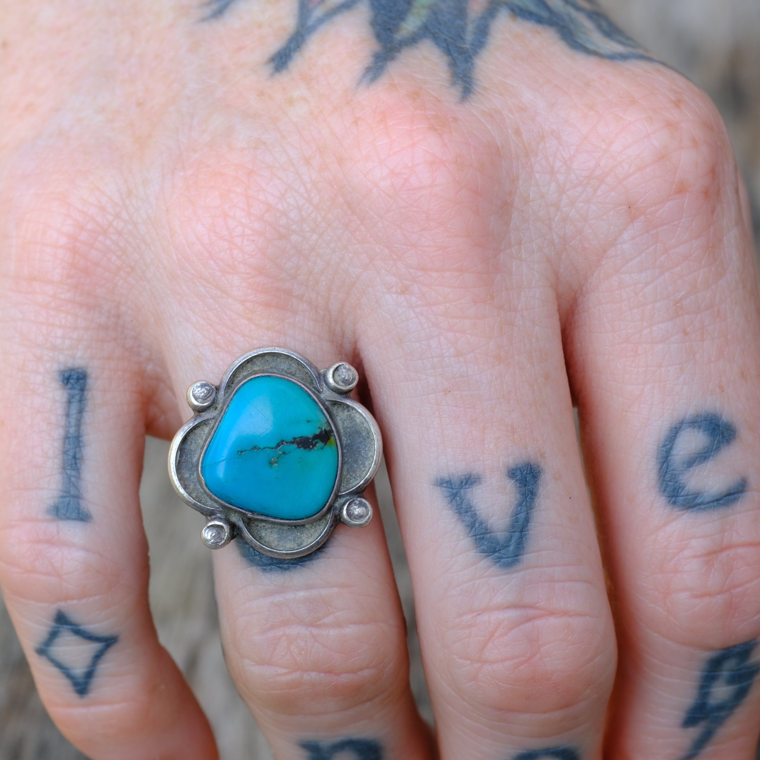 Vintage Sterling Turquoise Florette Ring 6