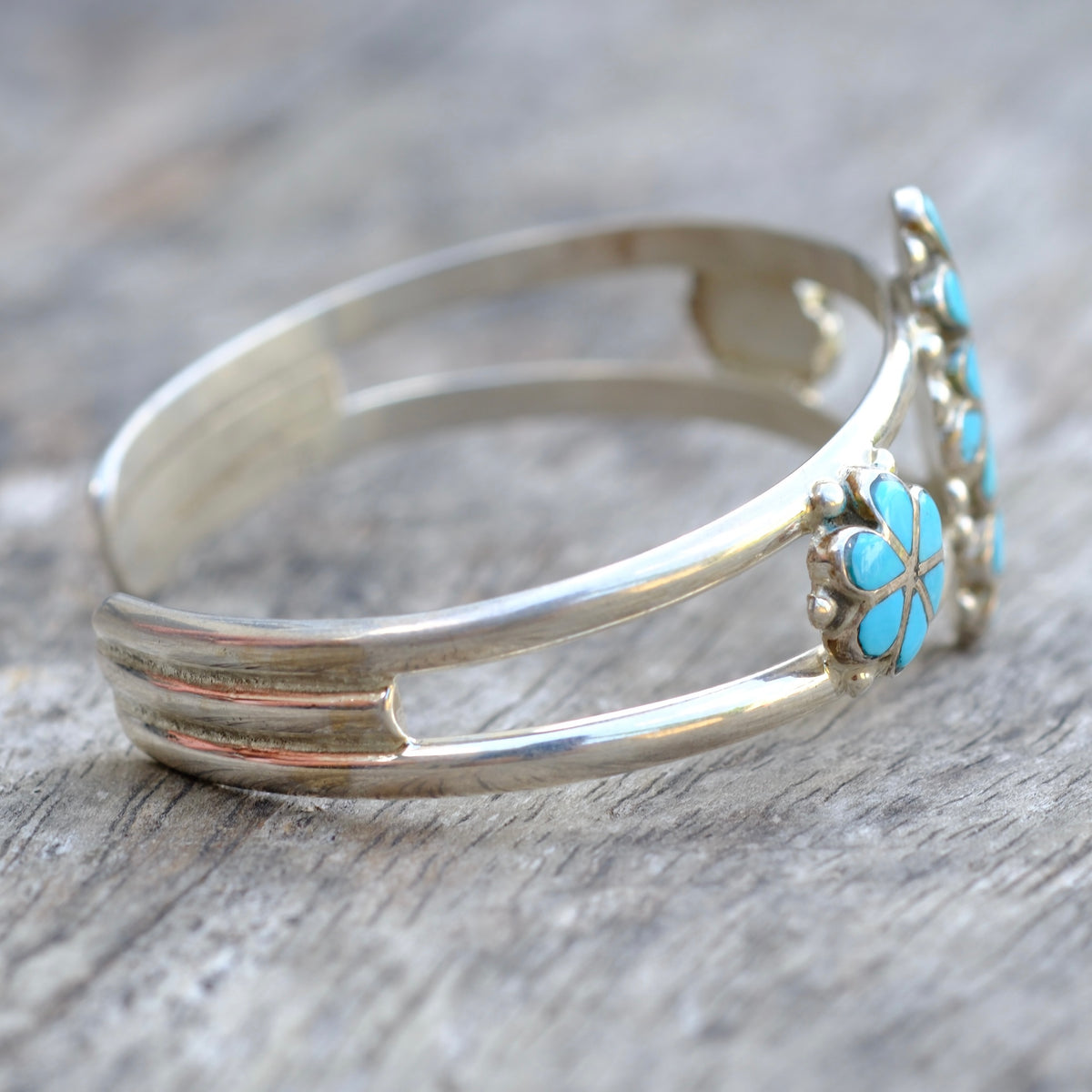 Vintage Sterling Turquoise Flower Inlay Cuff Bracelet