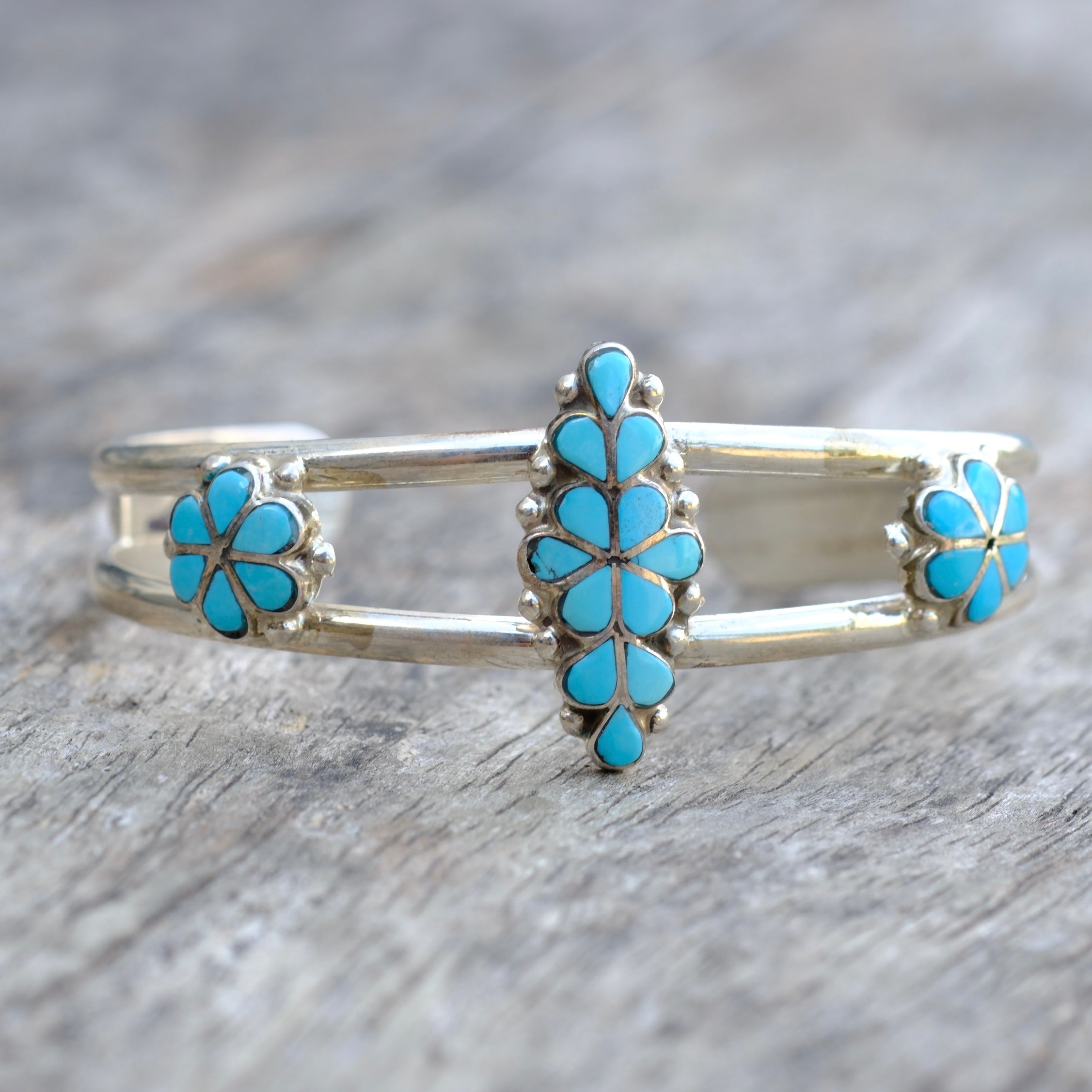 Vintage Sterling Turquoise Flower Inlay Cuff Bracelet