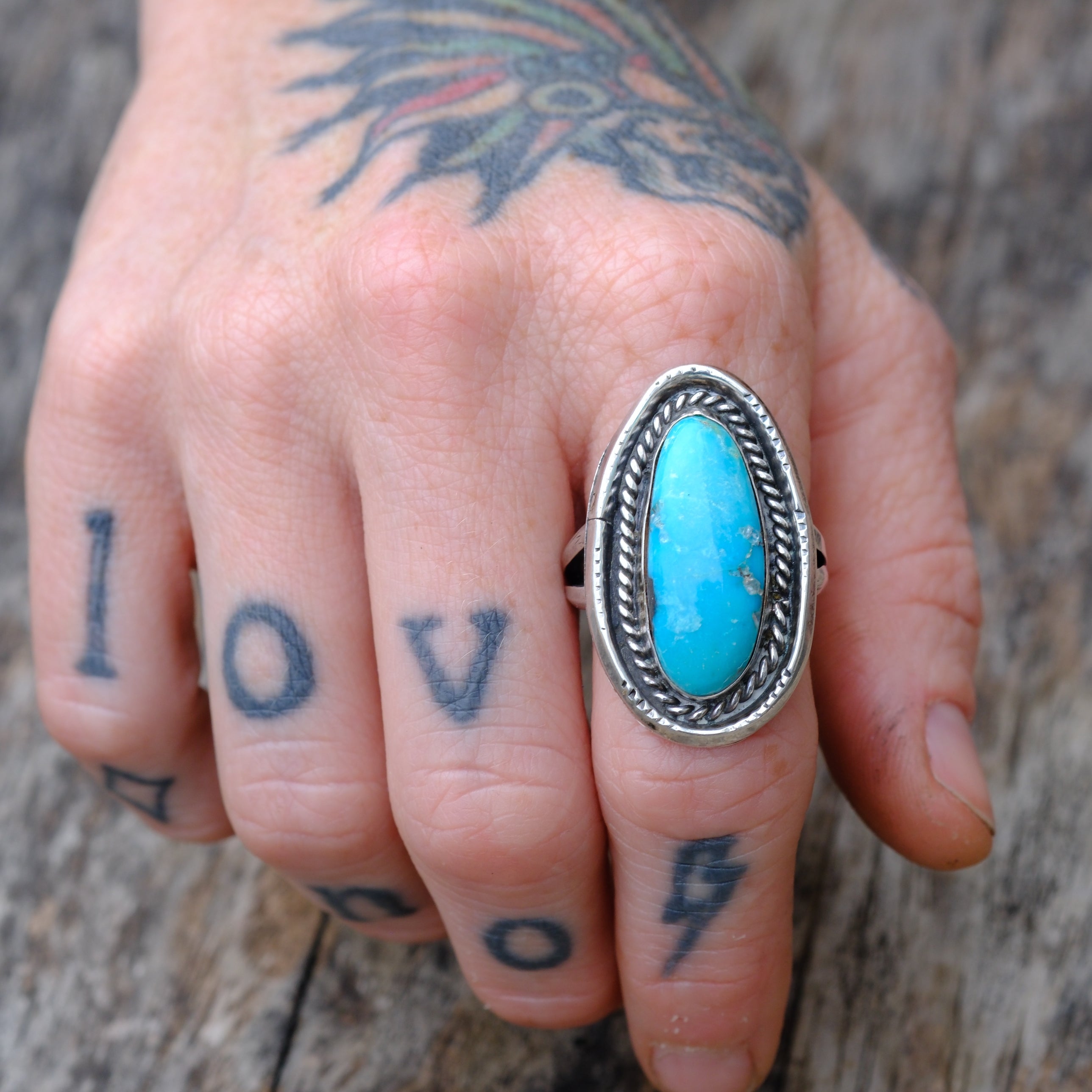 Vintage Sterling Turquoise Roper Ring 9