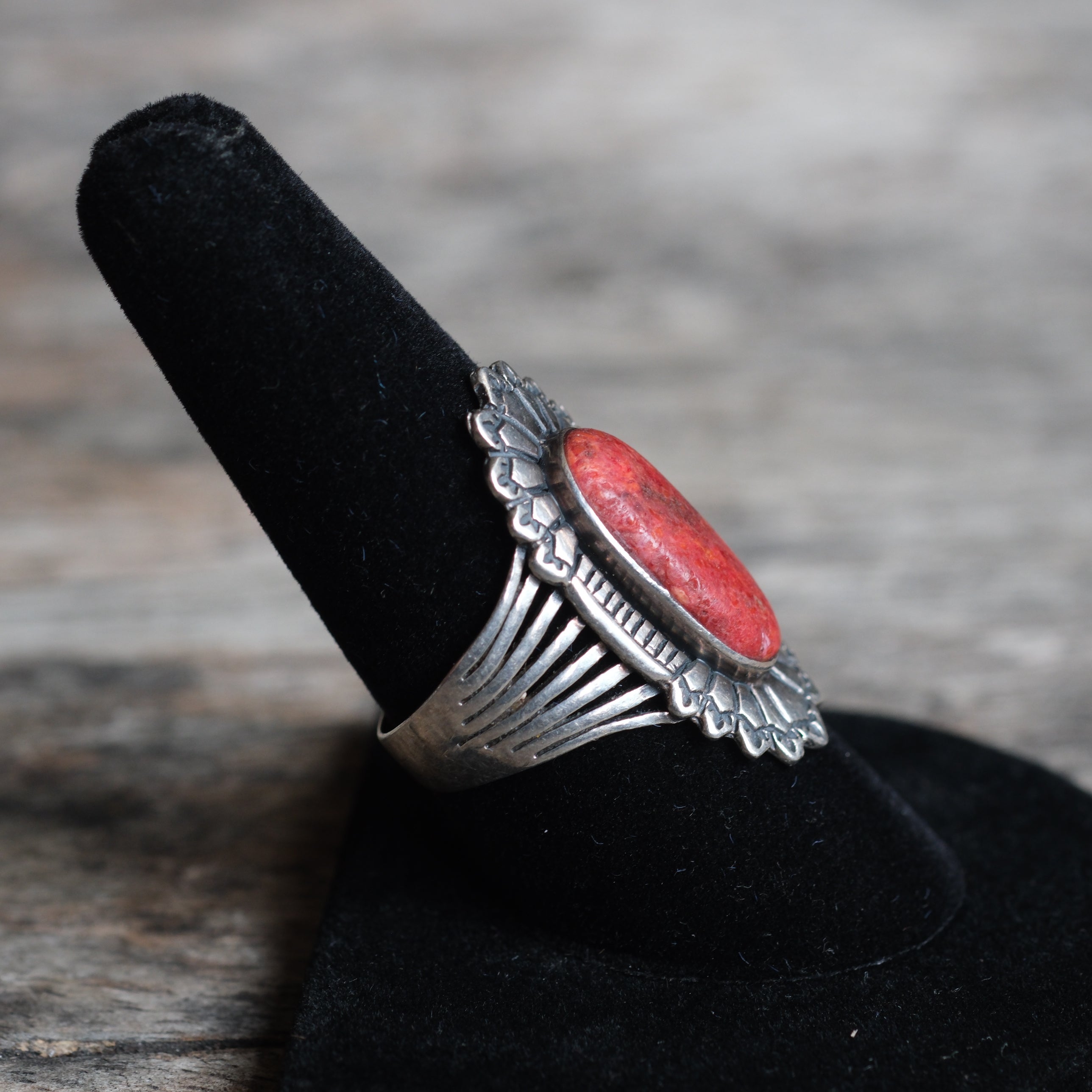 Vintage Sterling Red Jasper Concho Ring 8.5