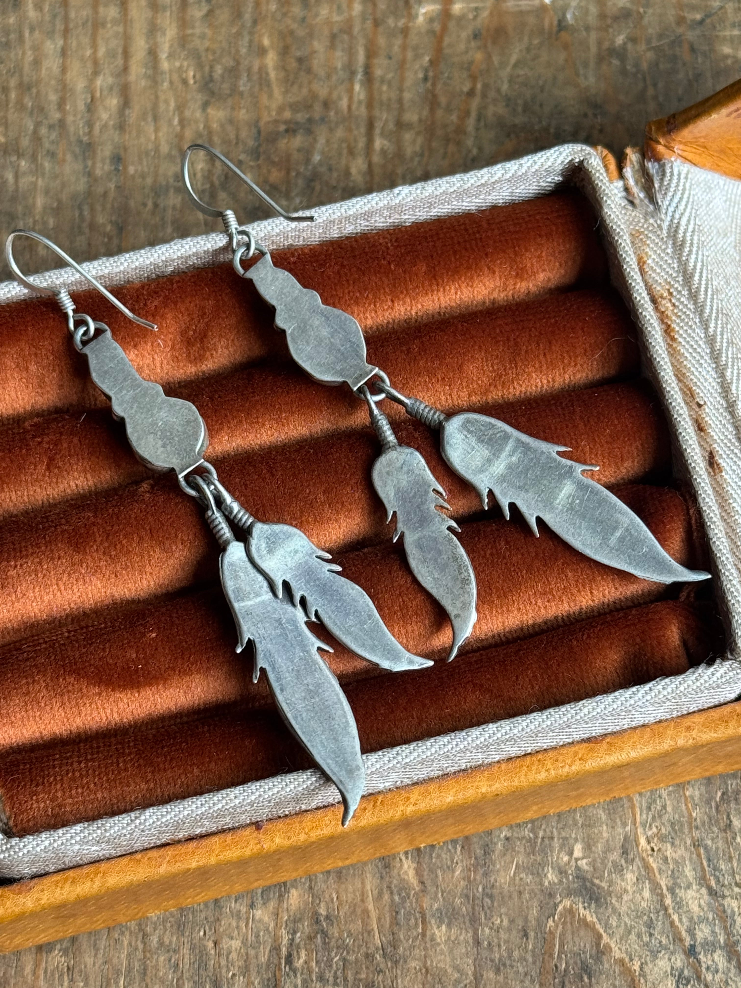 Vintage Sterling Silver Turquoise & Coral Feather Earrings