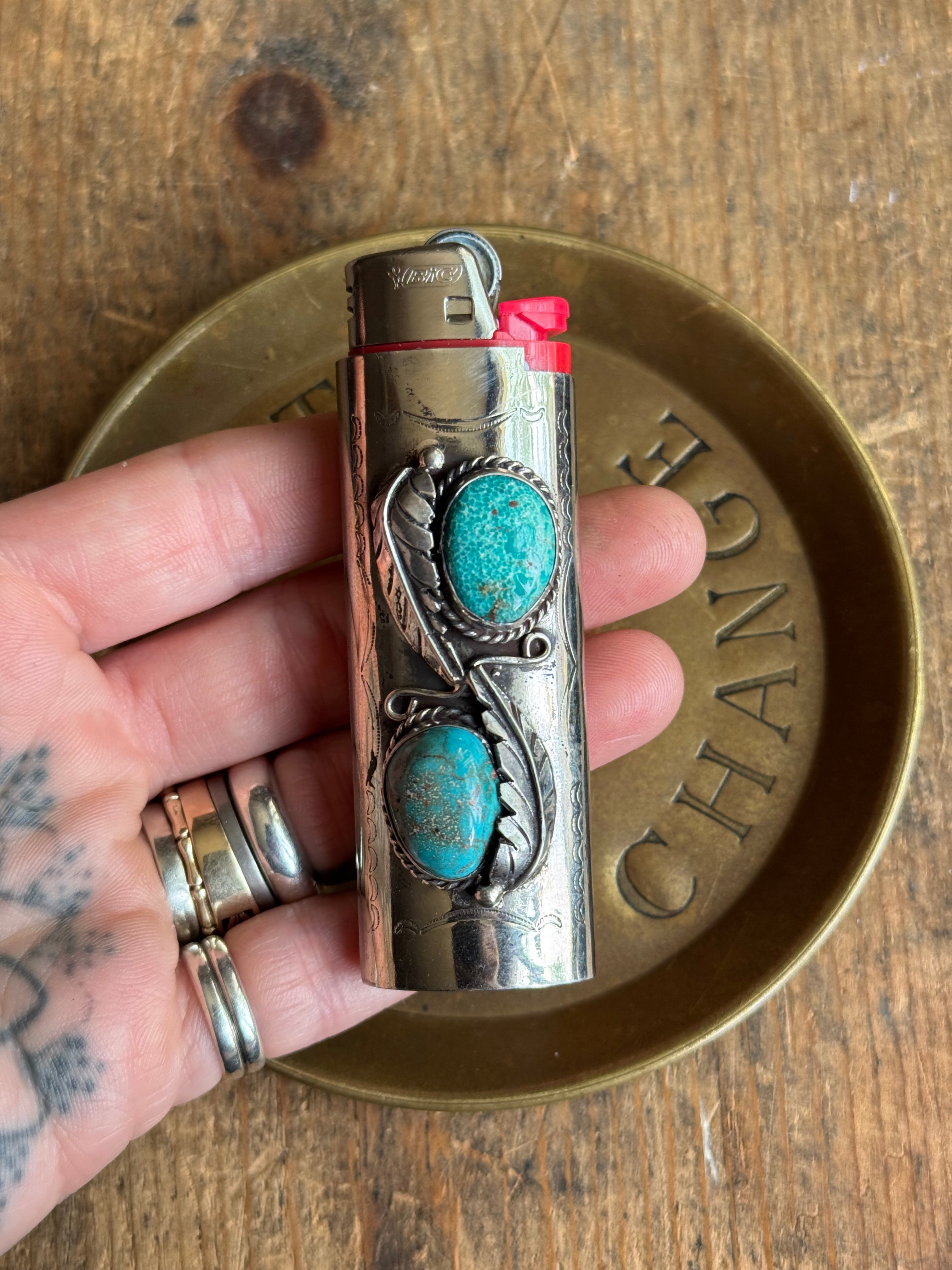 Vintage Stamped Nickel & Sterling Silver Turquoise Lighter Case
