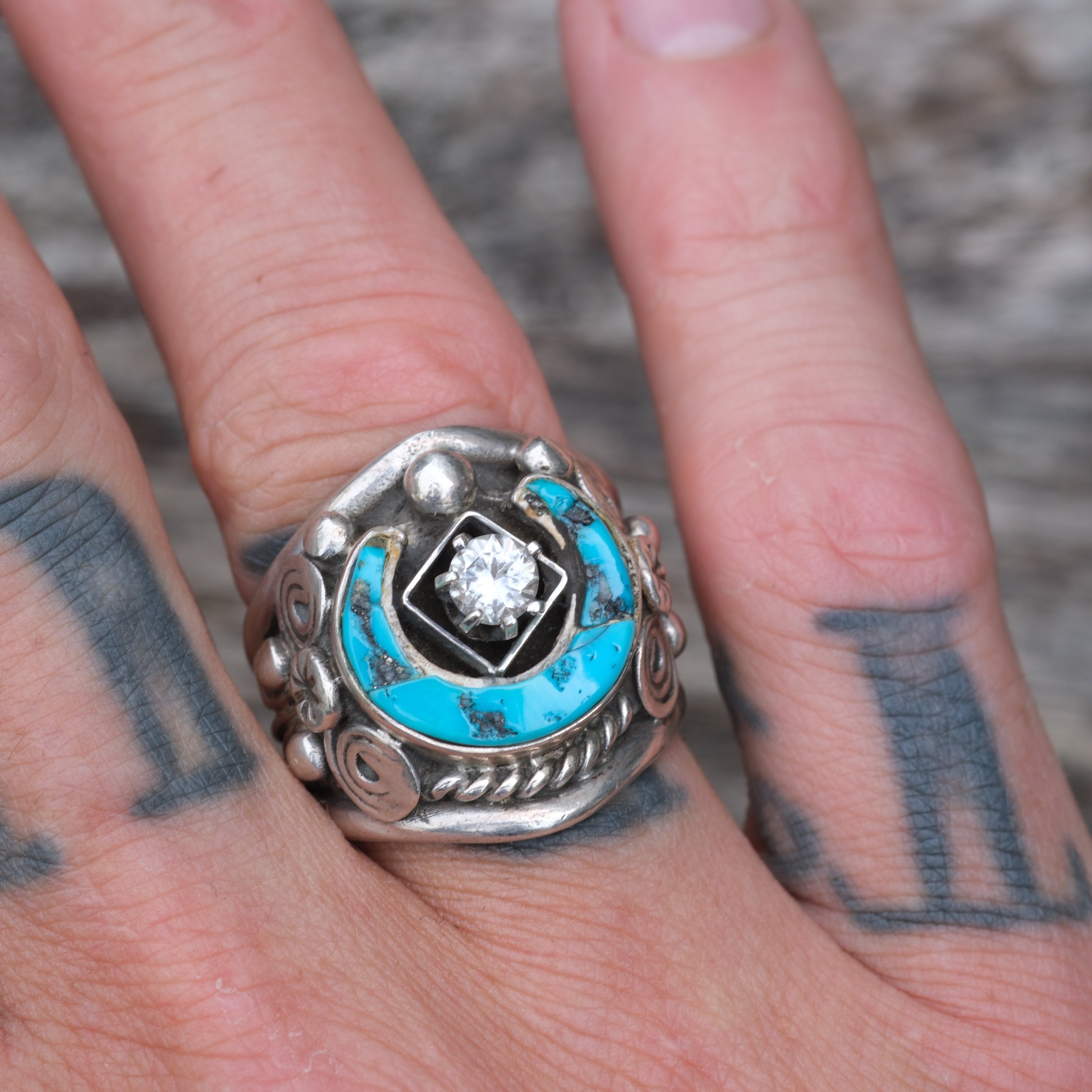 Vintage Sterling Lucky Horseshoe Turquoise Cz Ring 8.75