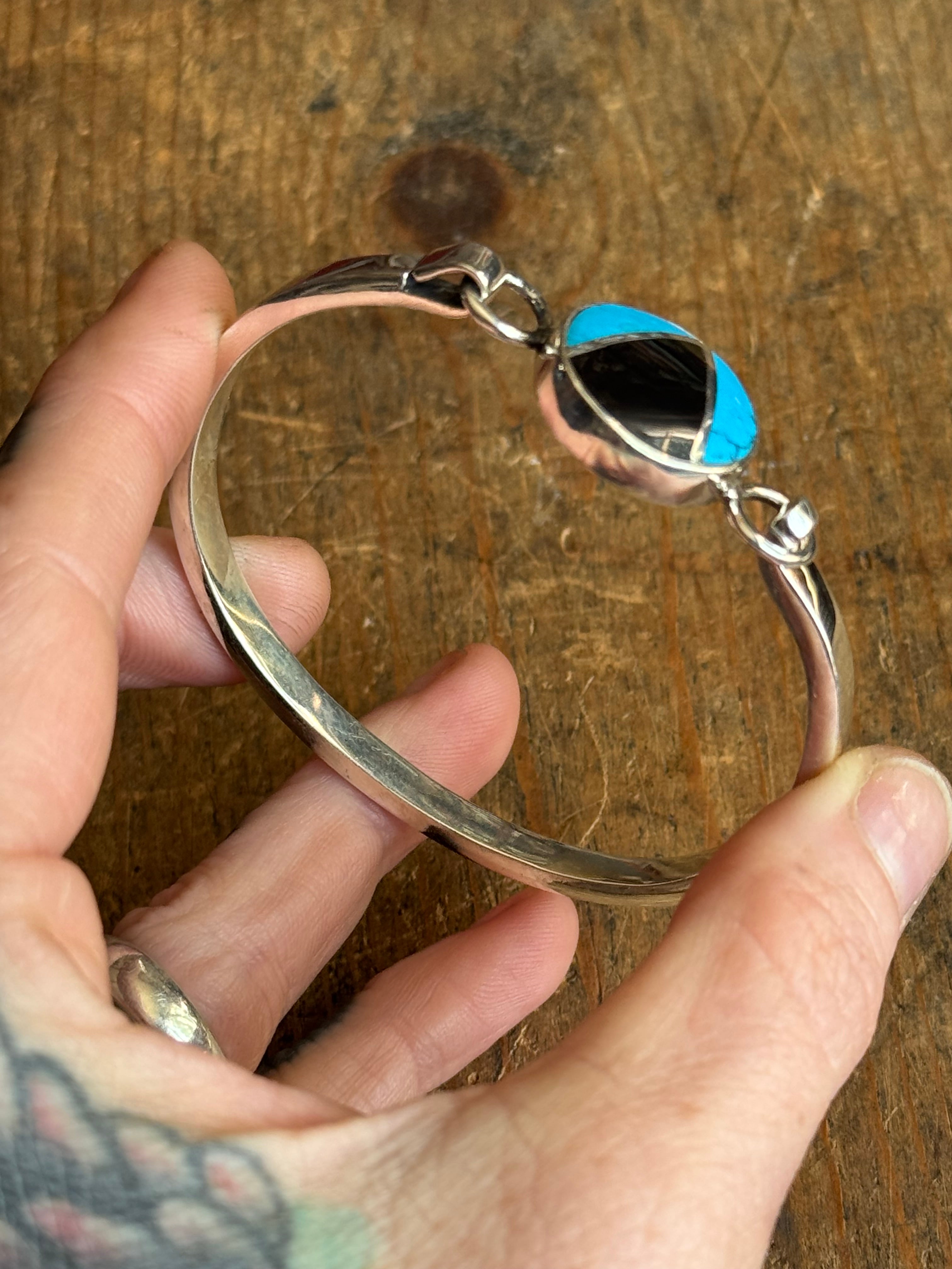 Vintage Sterling Silver Turquoise & Onyx Inlay Latch Bracelet