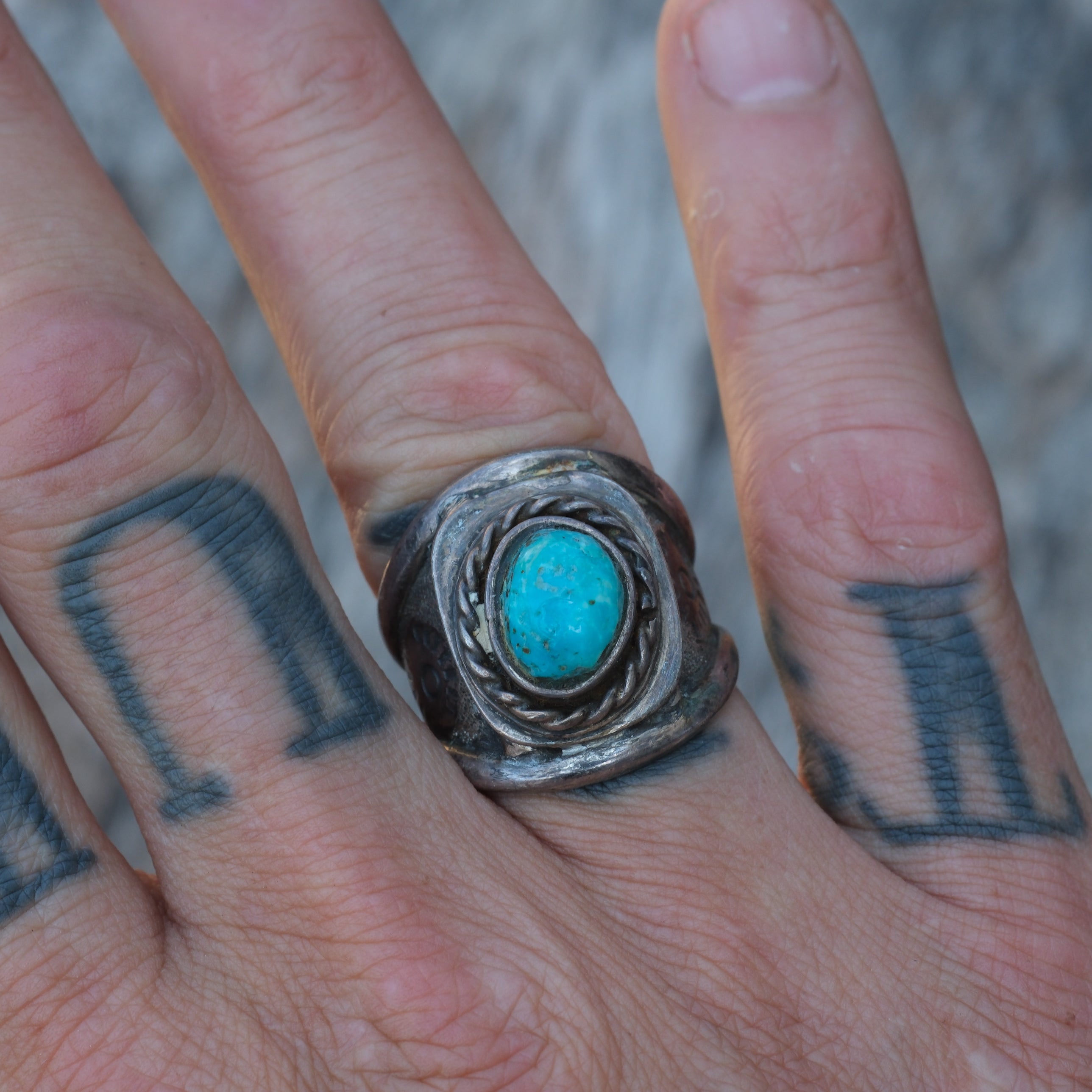 Vintage Sterling Turquoise Stamped Band Ring 8.5