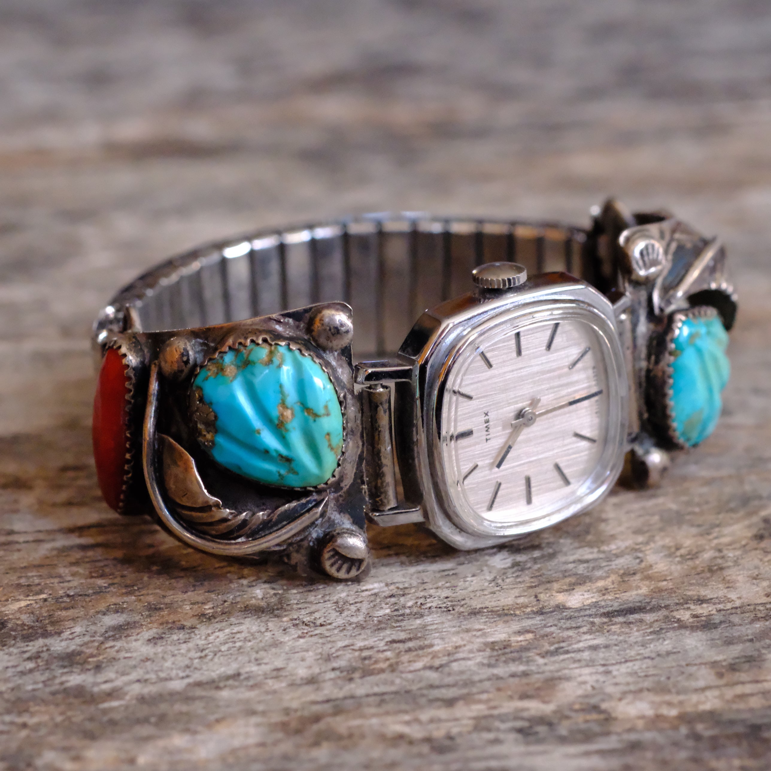 Vintage Sterling Faceted Turquoise and Coral Feather Watch