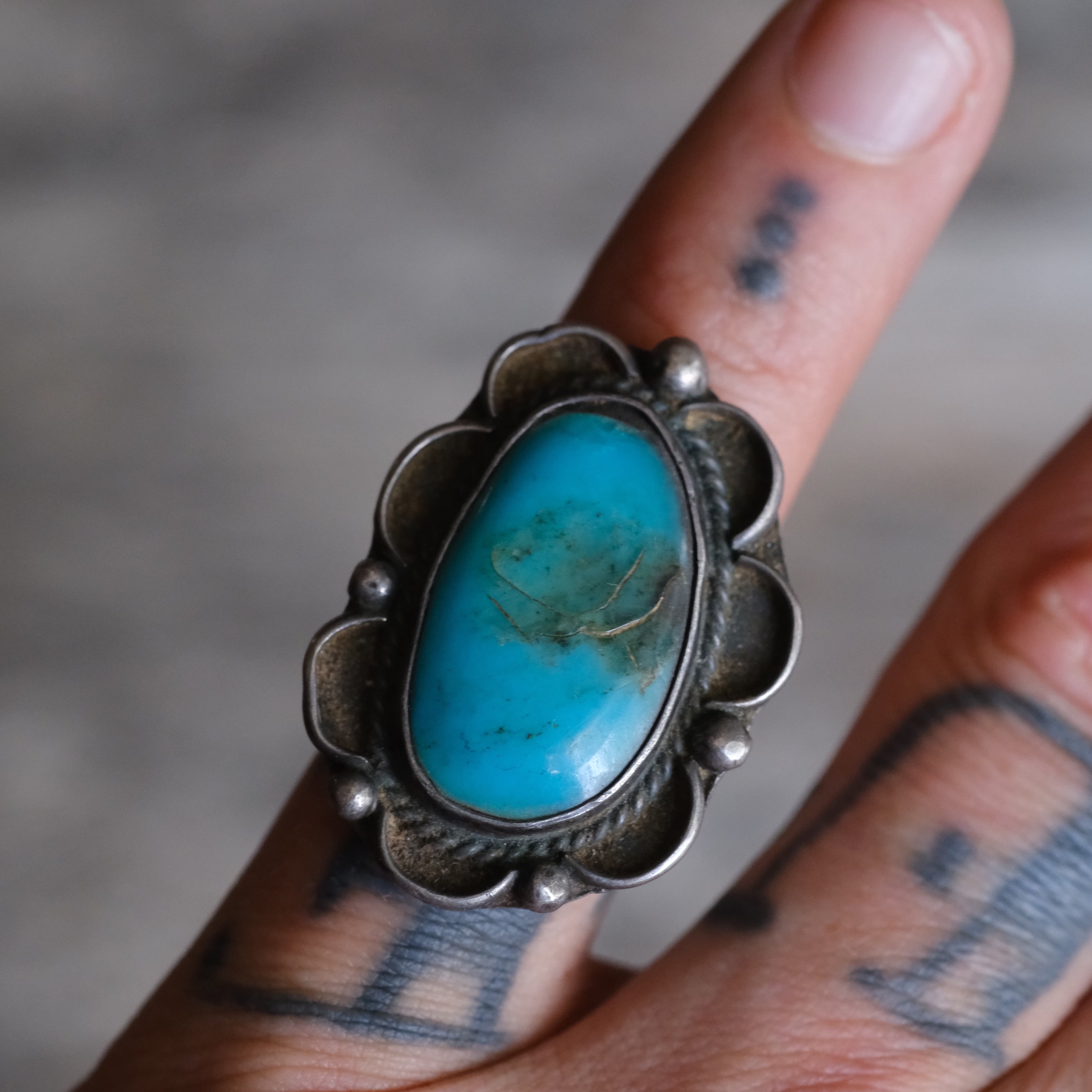 Vintage Sterling Turquoise Florette Ring 4.5