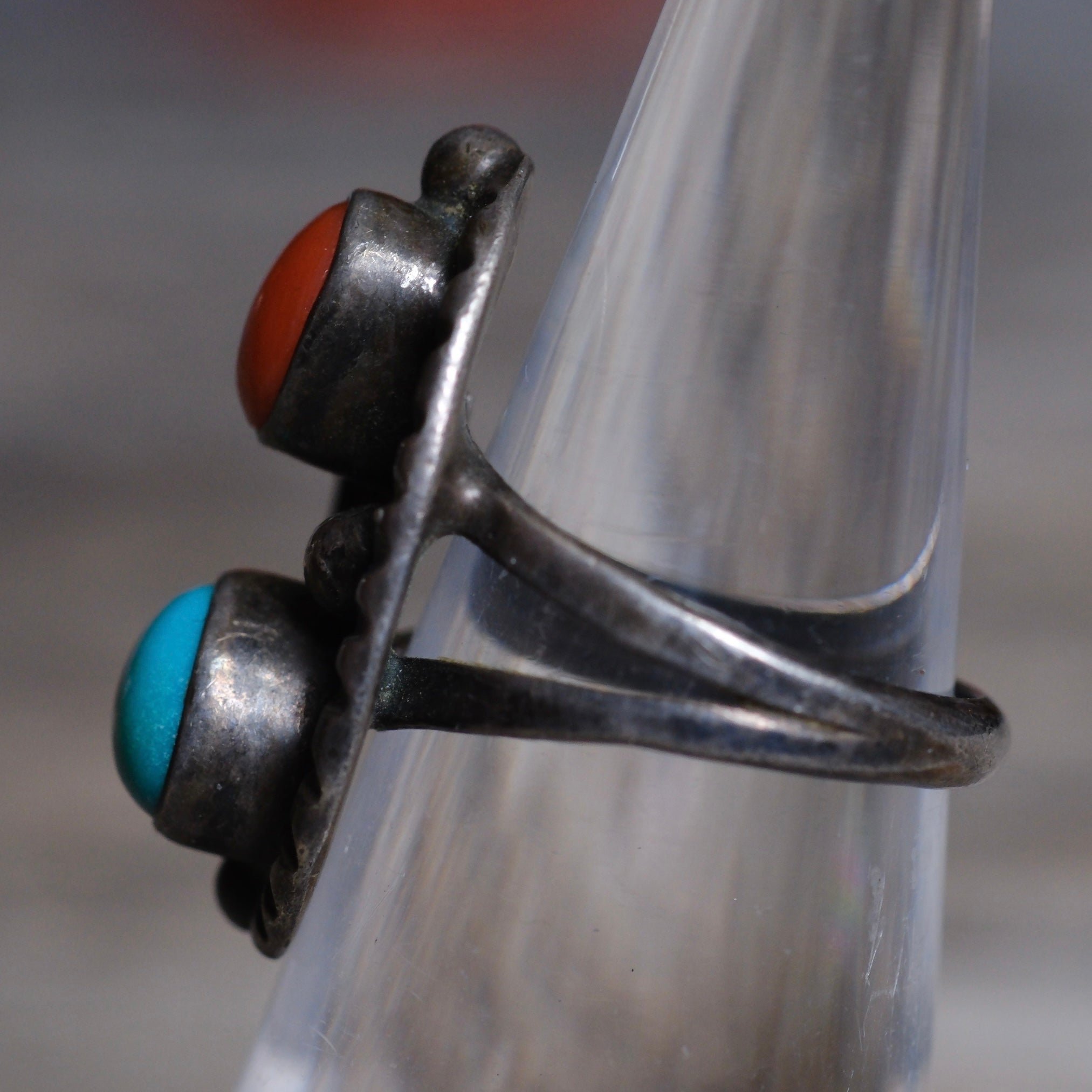 Vintage Sterling Turquoise and Coral Feather Ring 4.75