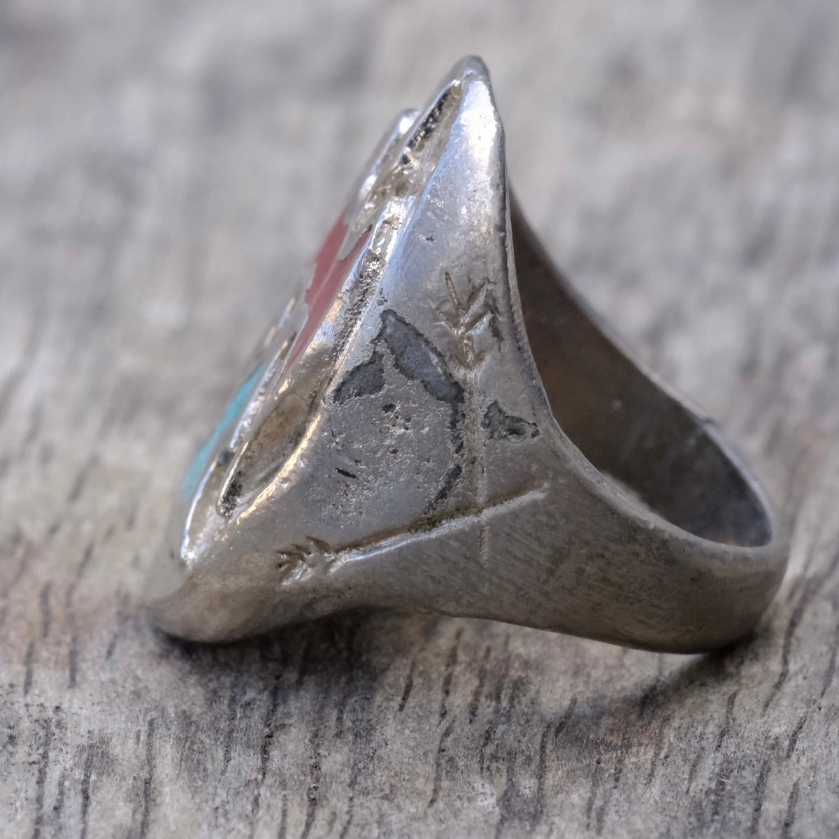 Vintage Sterling Turquoise and Coral Bird Ring 9.25
