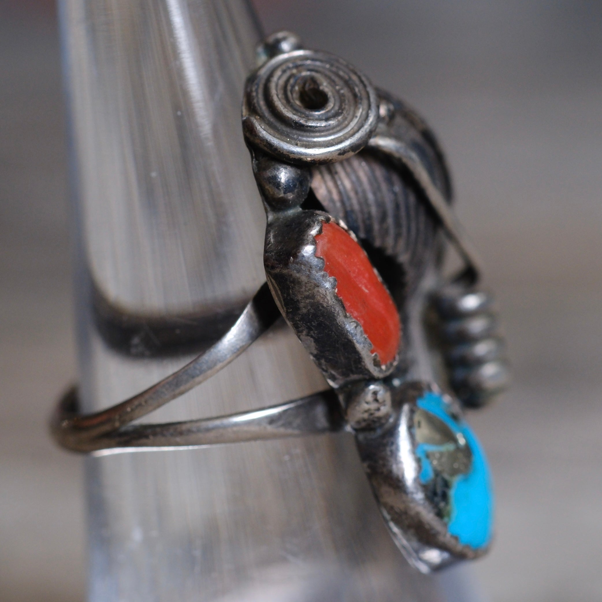 Vintage Sterling Turquoise and Coral Feather Ring 5.5