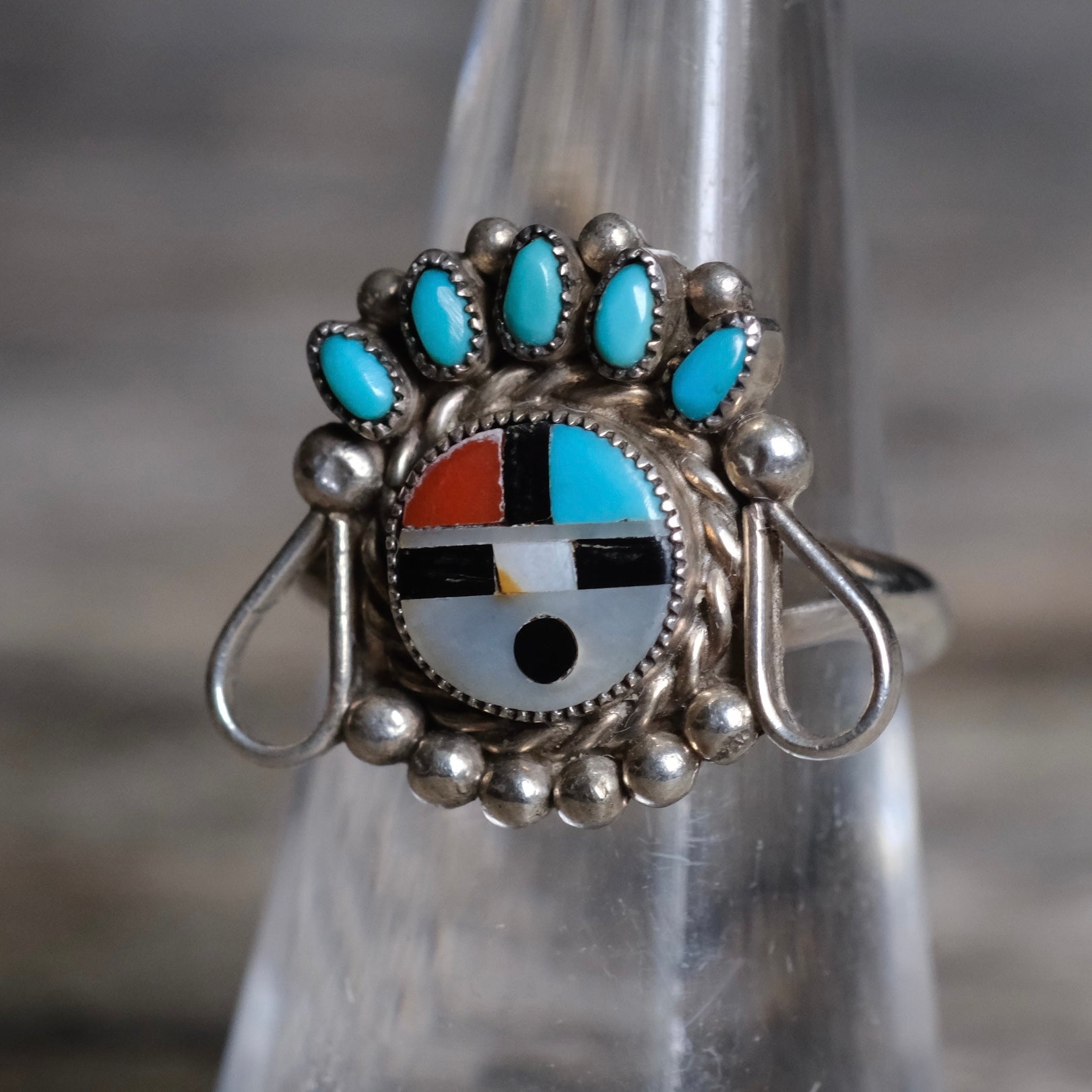 Vintage Sterling Multistone Inlay Zuni Sunface Ring 6.5