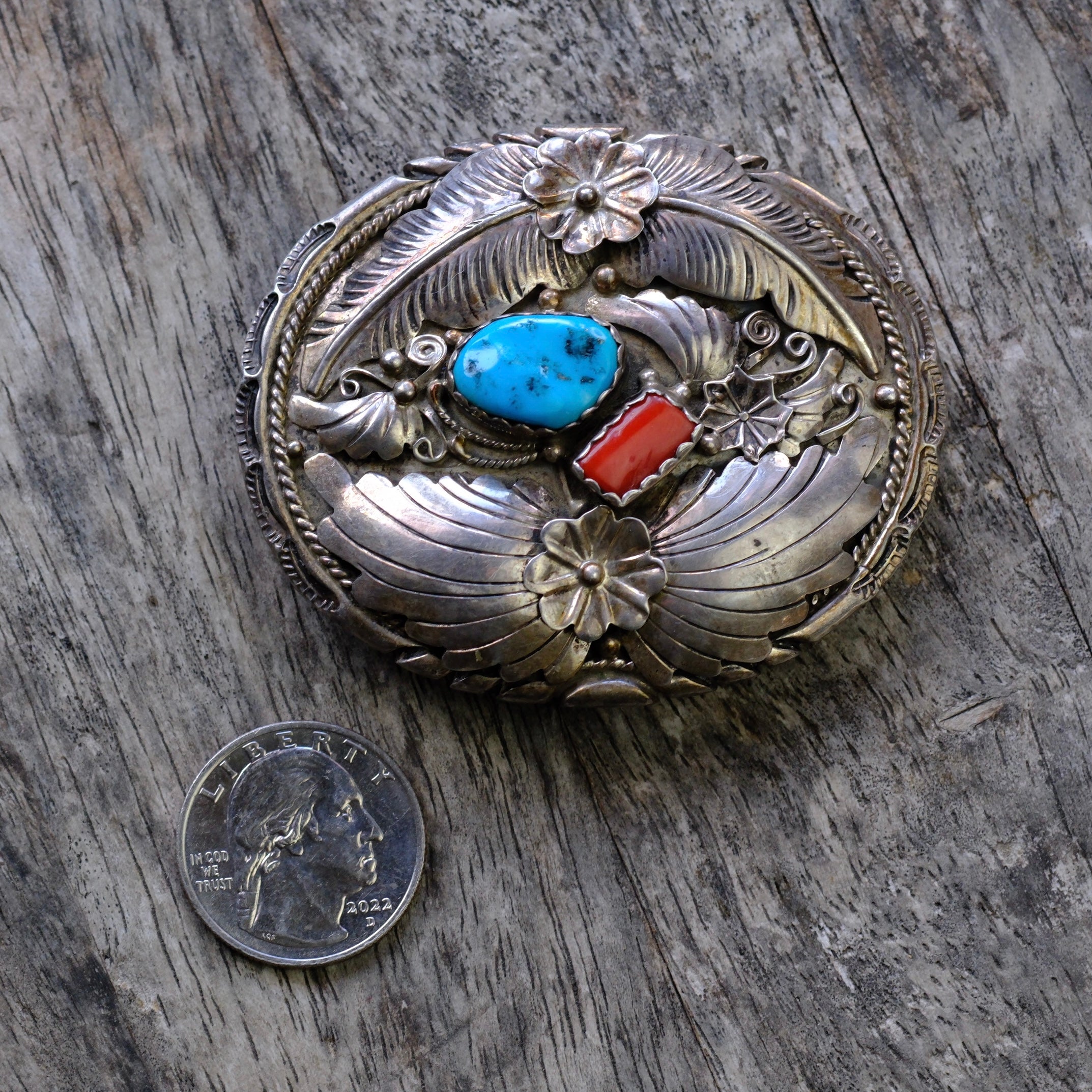 Vintage Sterling Turquoise and Coral Feather Belt Buckle