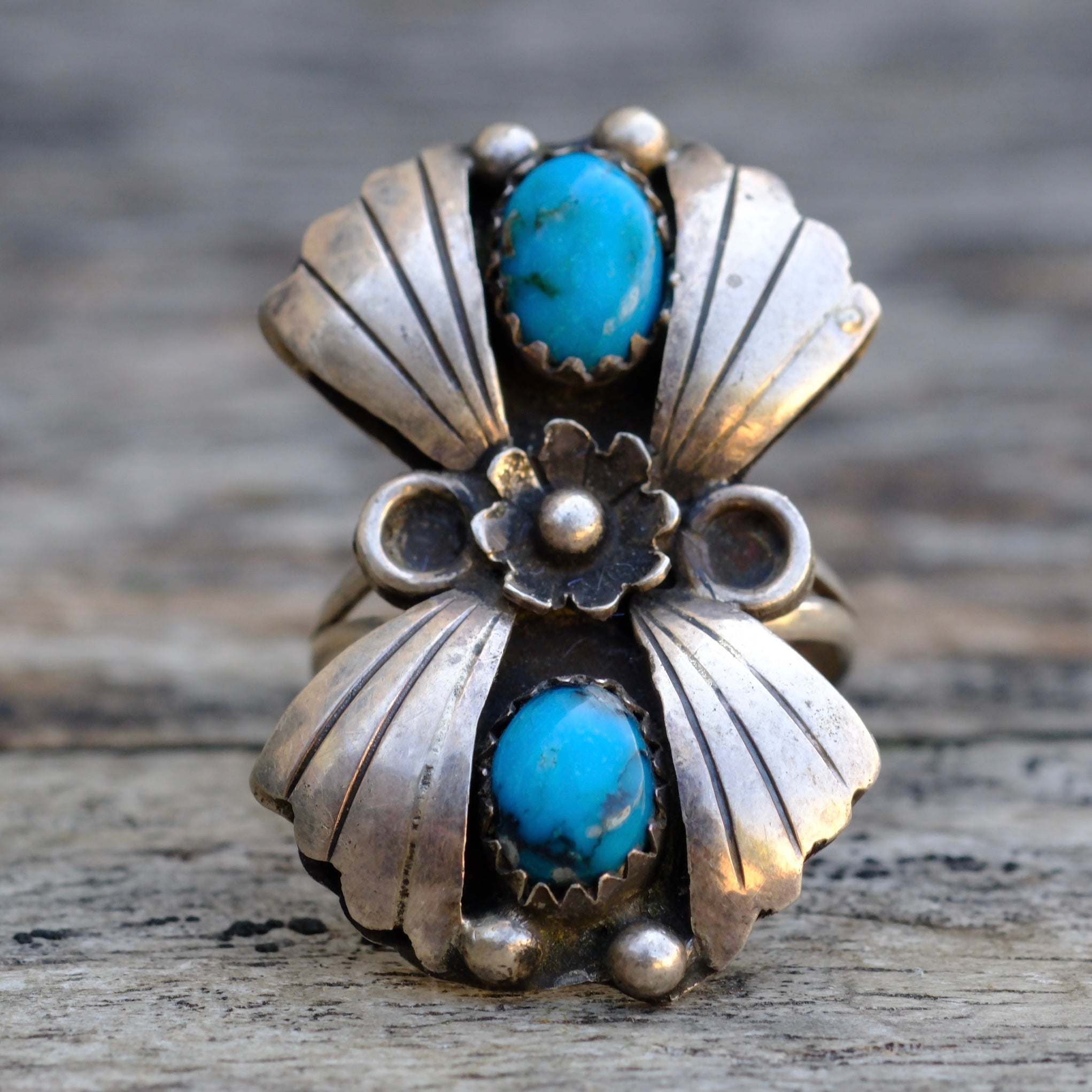 Vintage Sterling 2-Stone Turquoise Ring 5.25