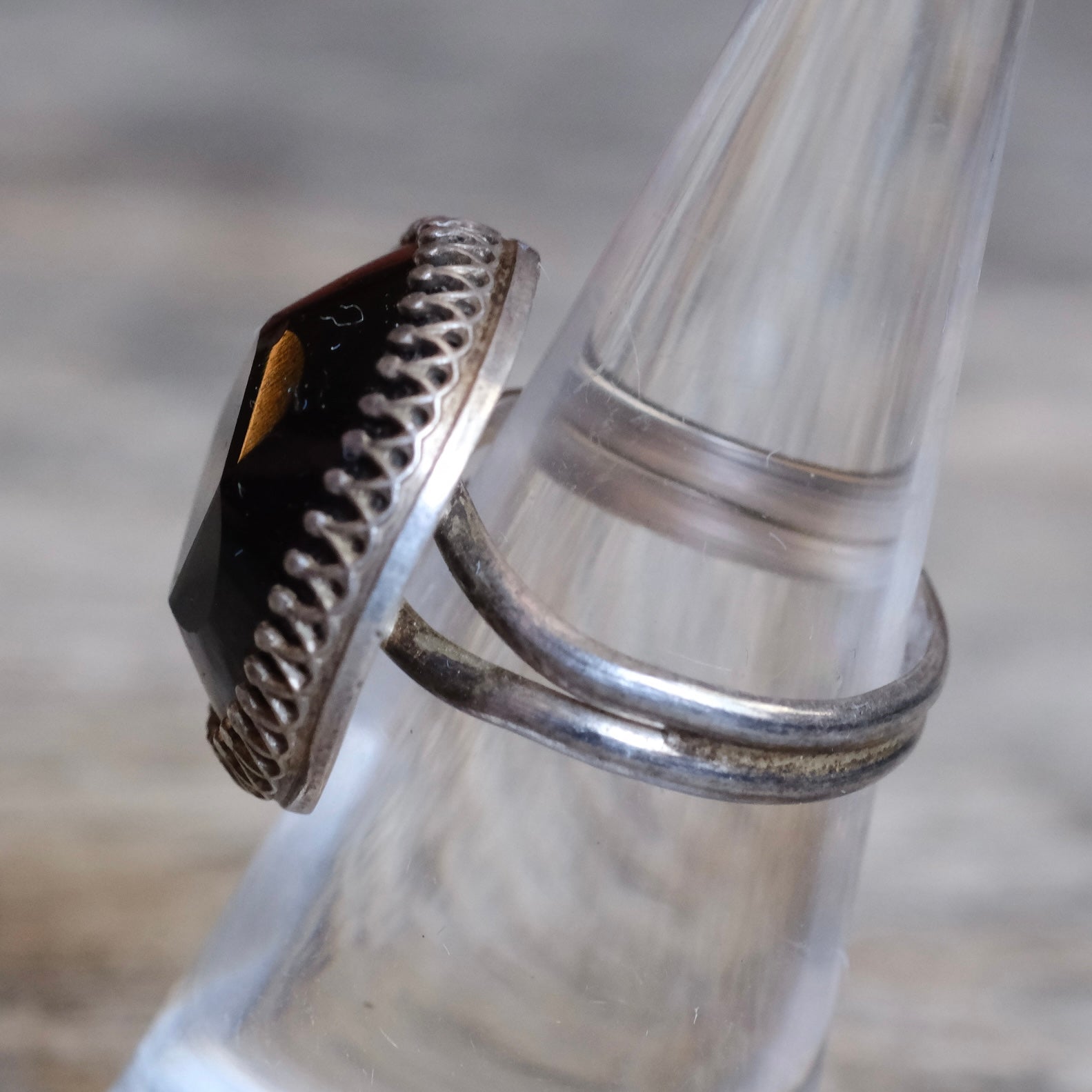 Vintage Sterling Faceted Onyx Ring 6.5