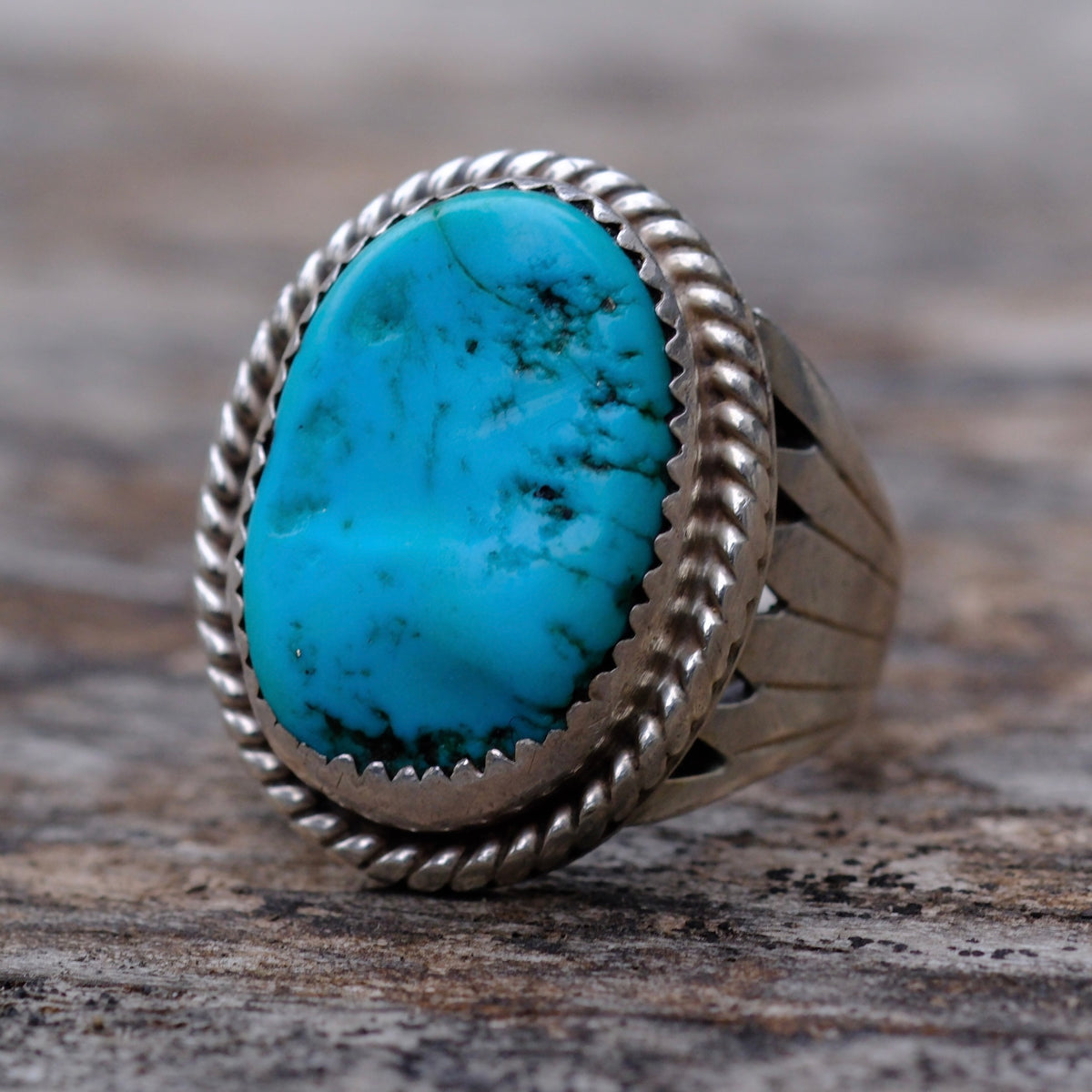 Vintage Sterling Turquoise Ribbed Band Ring 6.75