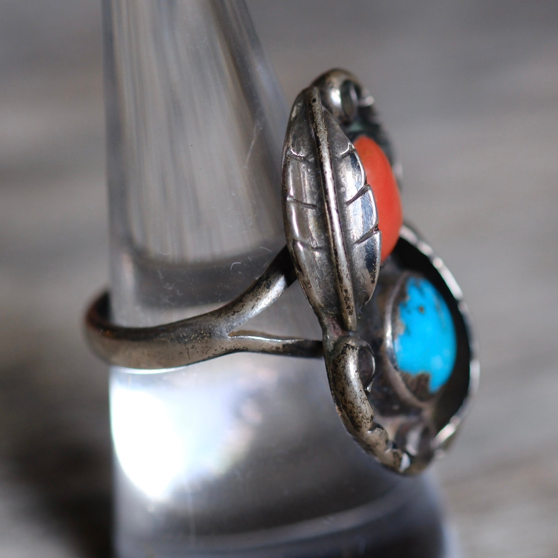 Vintage Sterling Turquoise and Coral Feather Ring 7.75