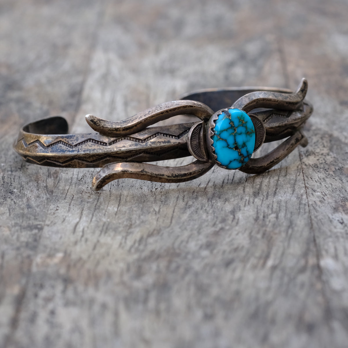 Vintage Sterling Turquoise Stamped Cuff Braceletx