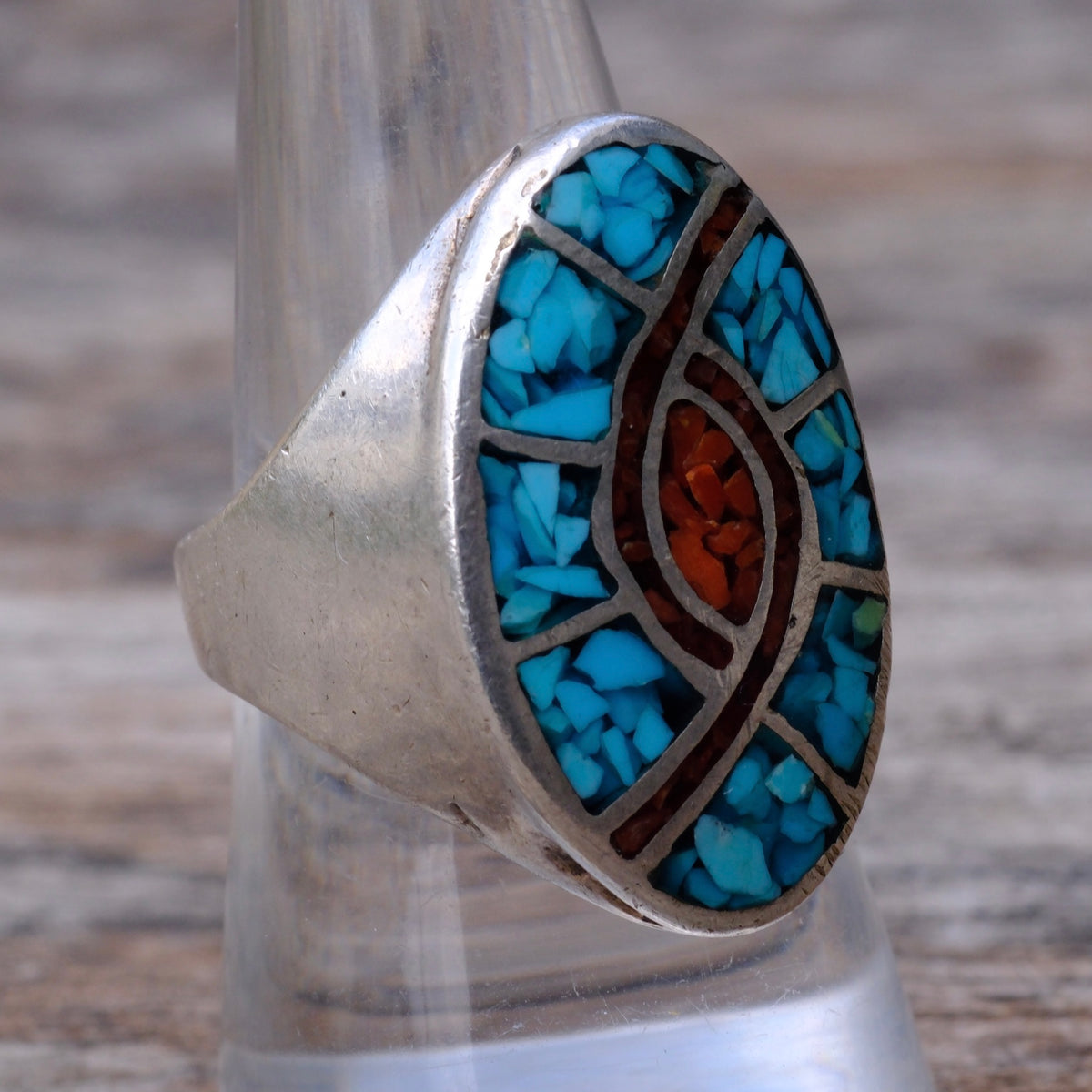 Vintage Sterling Turquoise and Coral Inlay Hummingbird Ring 8.5
