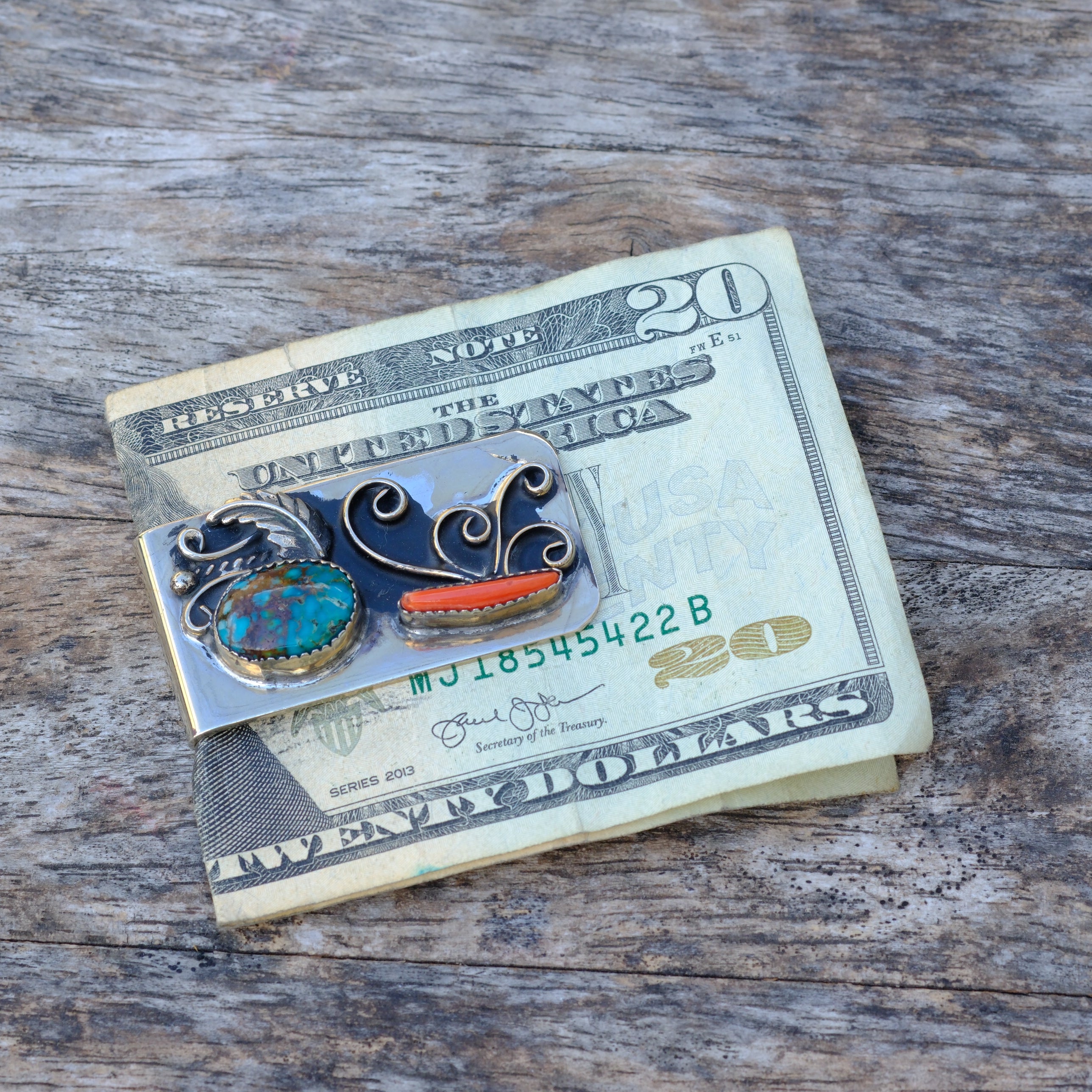 Vintage Turquoise and Coral Feather Money Clip
