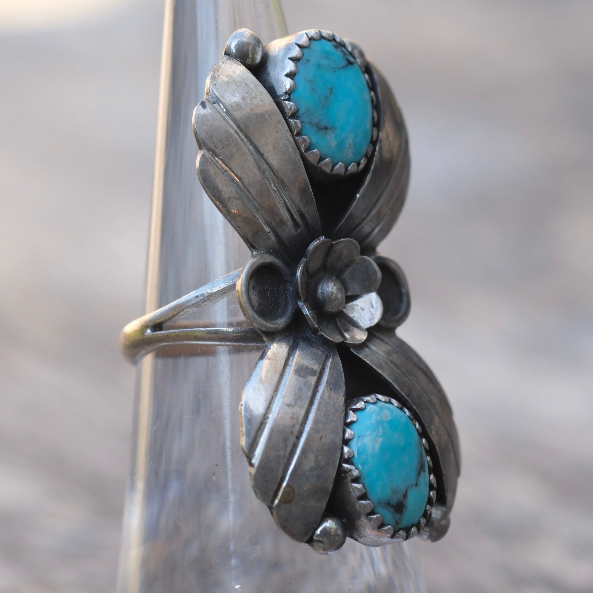 Vintage Sterling 2-Stone Turquoise Blossom Ring 4.75