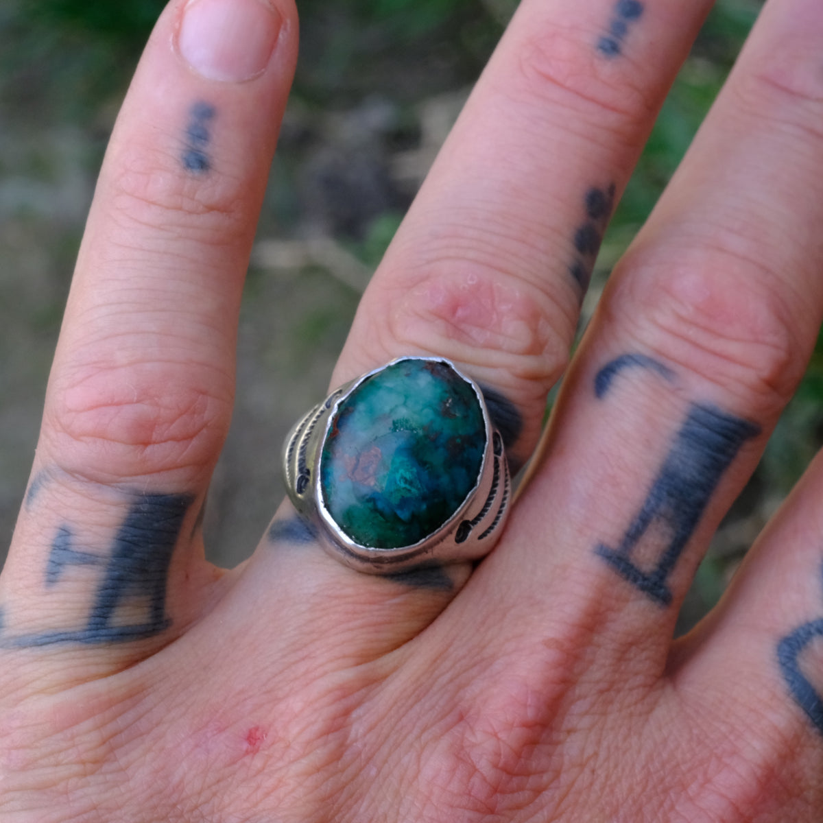 Vintage Sterling Chrysocolla Stamped Ring 9