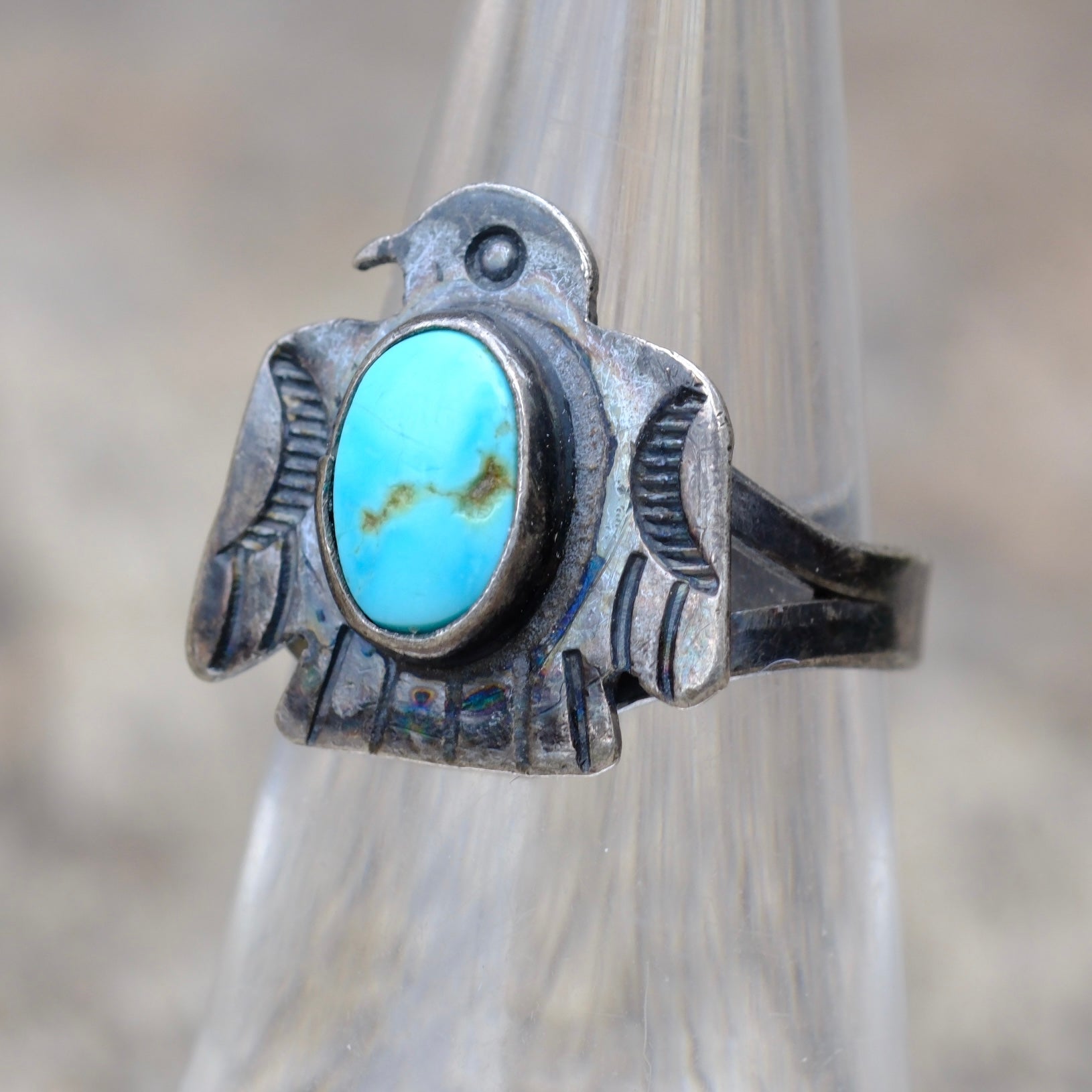 Vintage Sterling Turquoise Thunderbird Ring 6