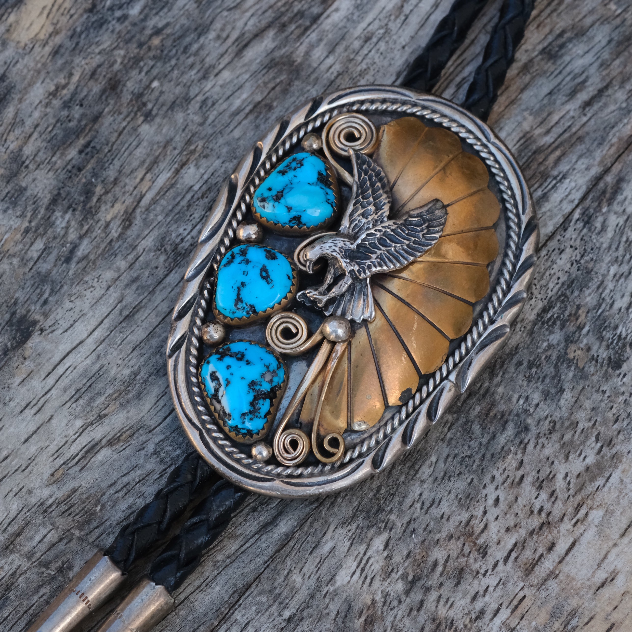 Vintage Sterling and Gold Turquoise Eagle Bolo Tie