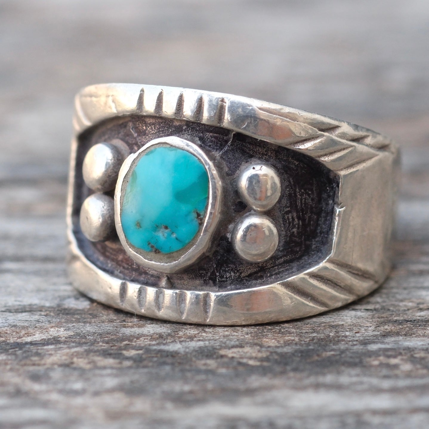 Vintage Sterling Turquoise Wide Band Ring 10.75
