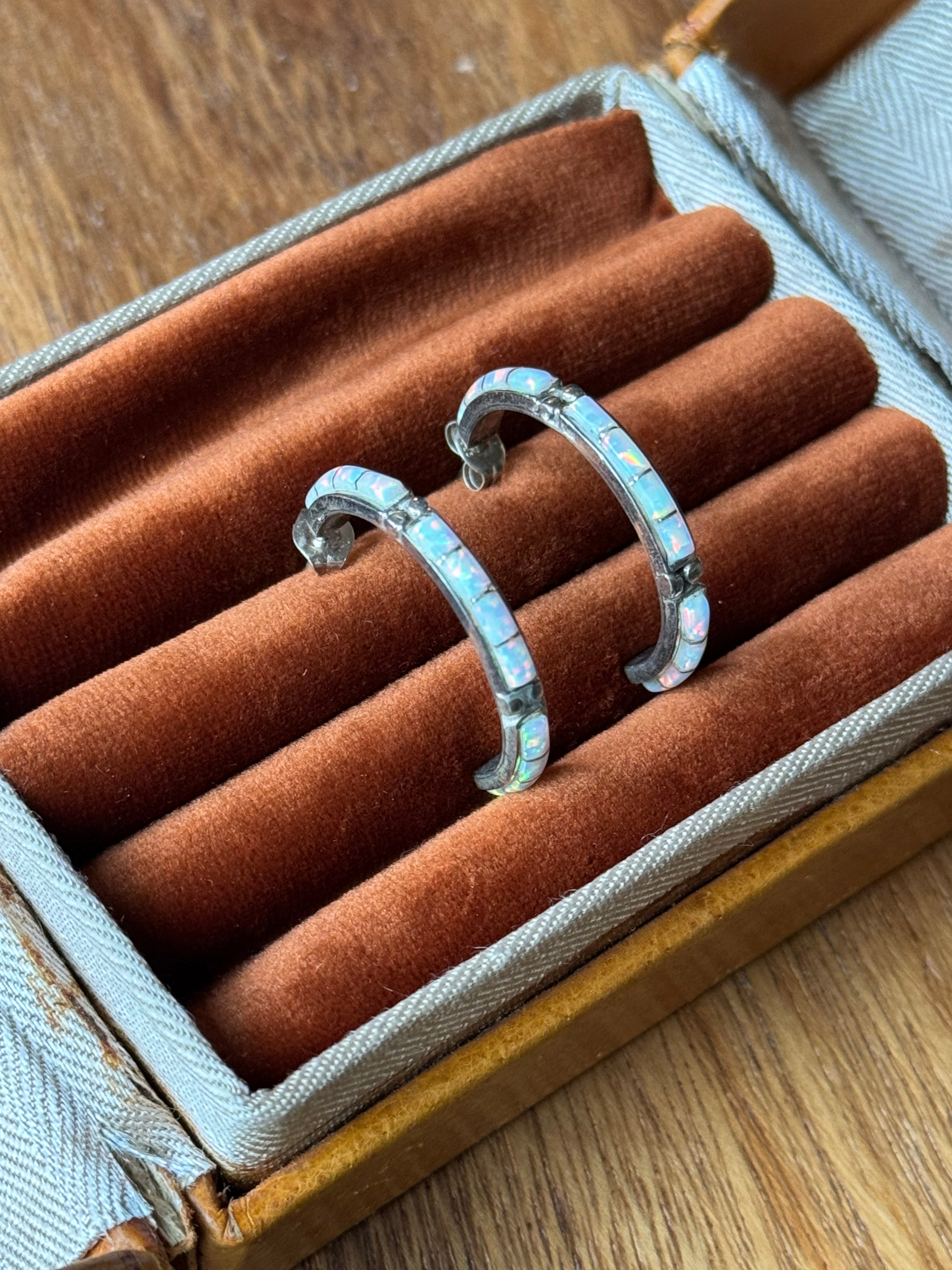 Vintage Sterling Silver Opal Inlay Half Hoops