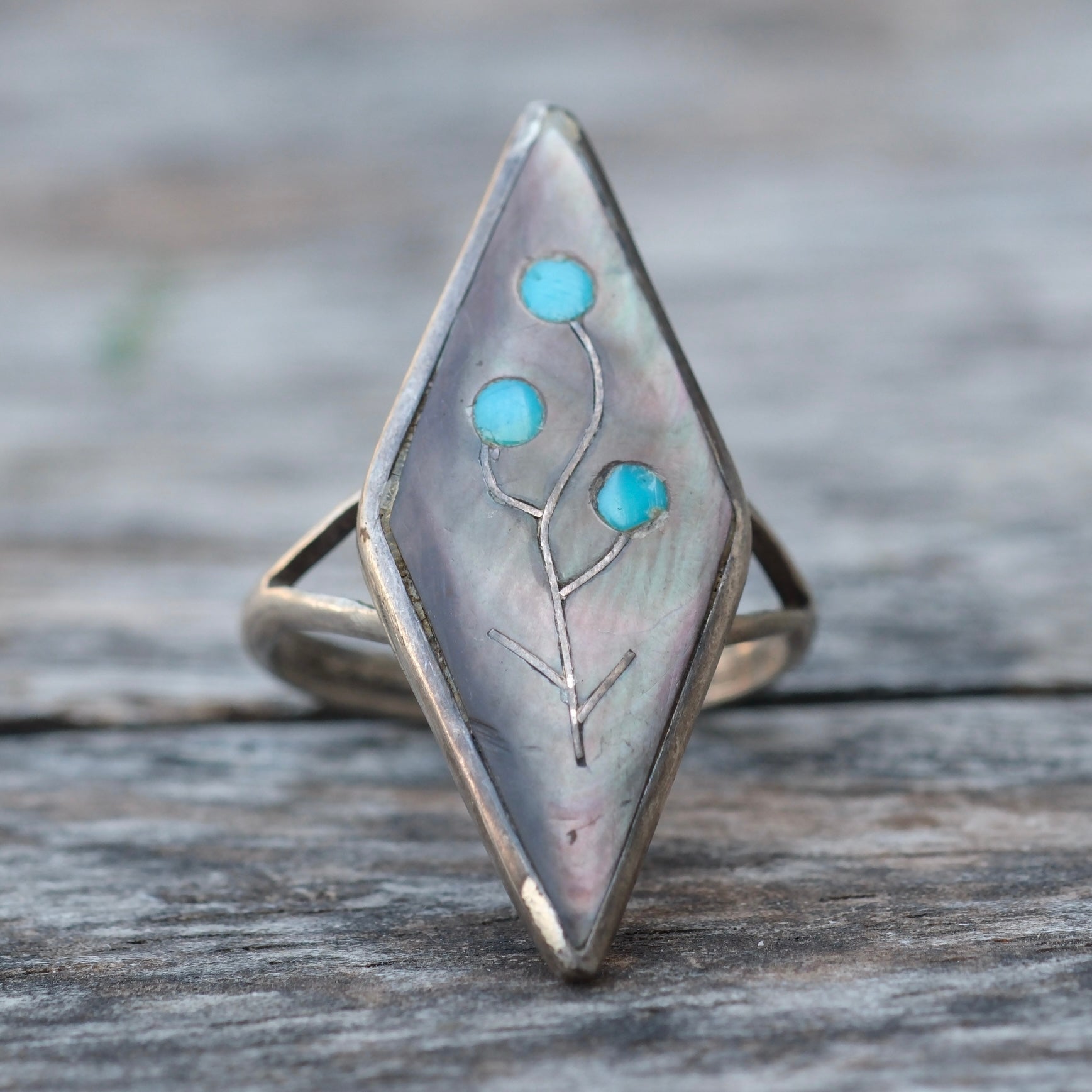 Vintage Sterling Zuni Inlay Flower Ring 8.25