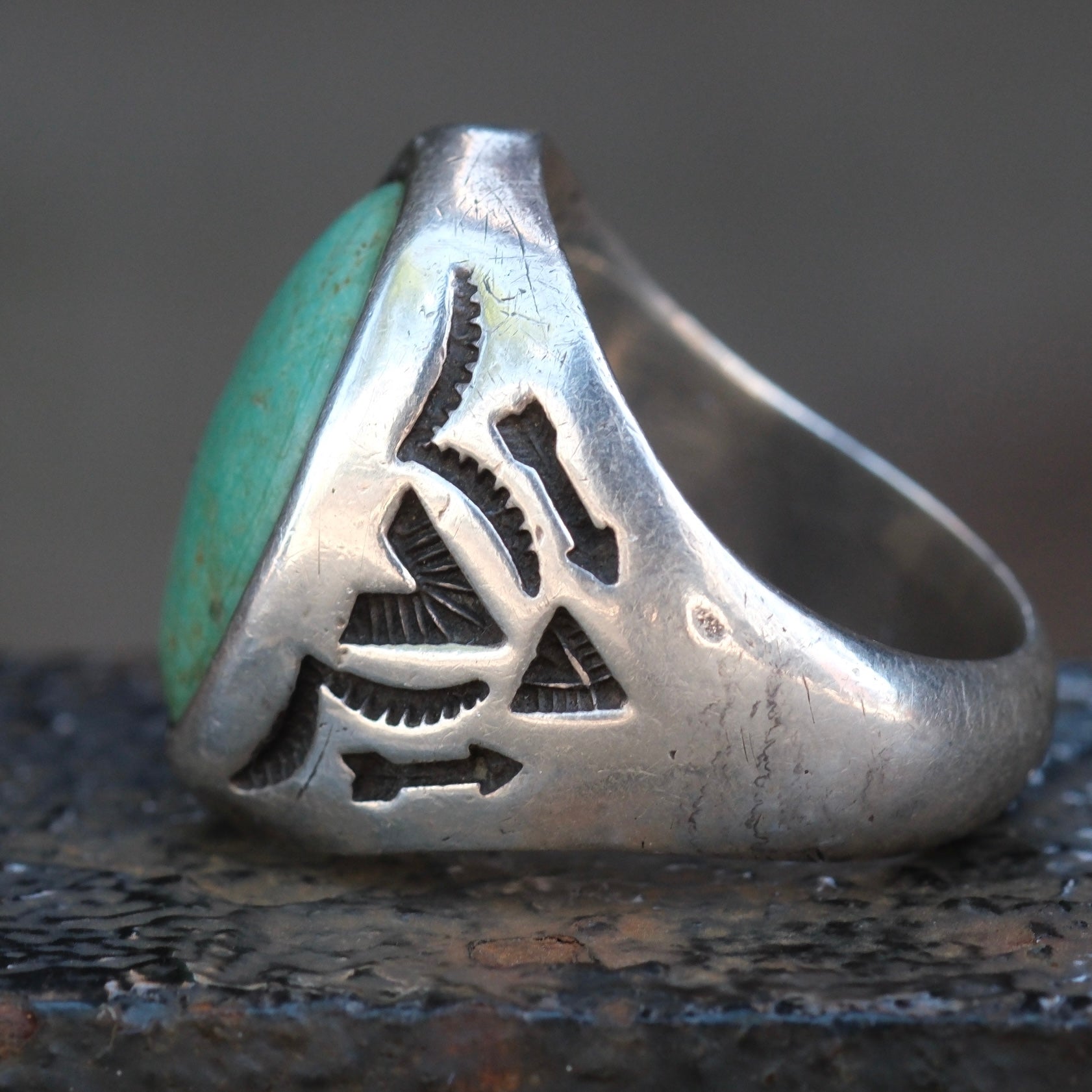 Vintage Sterling Turquoise Stamped V Trading Post Ring 9