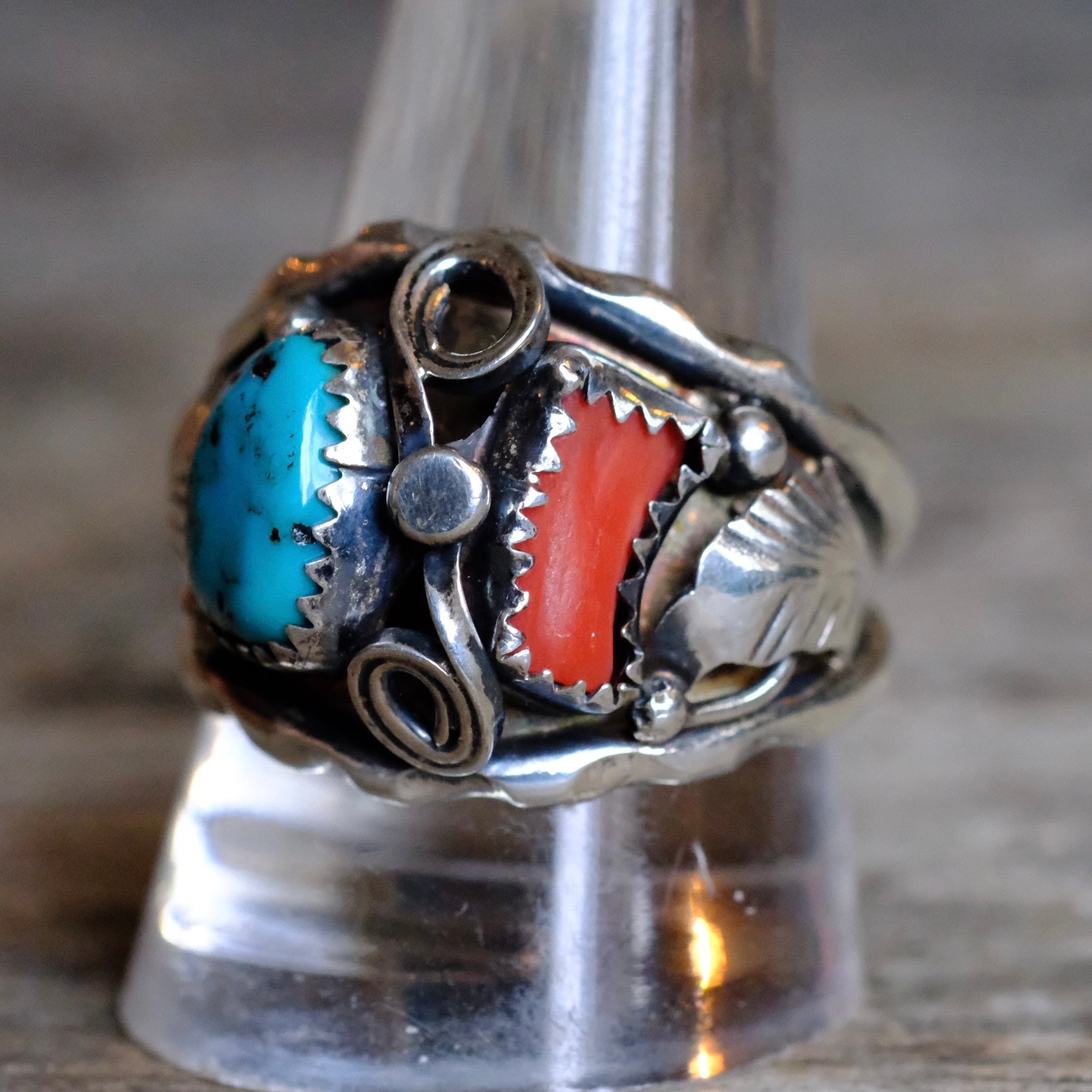 Vintage Sterling Turquoise and Coral Feather Ring 12
