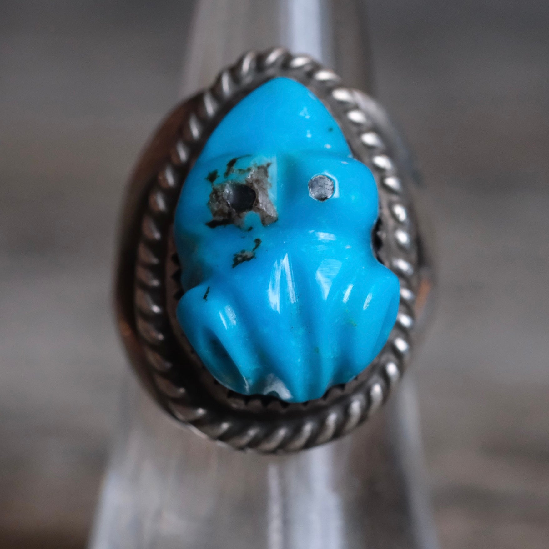 Vintage Sterling Carved Turquoise Frog Ring 7