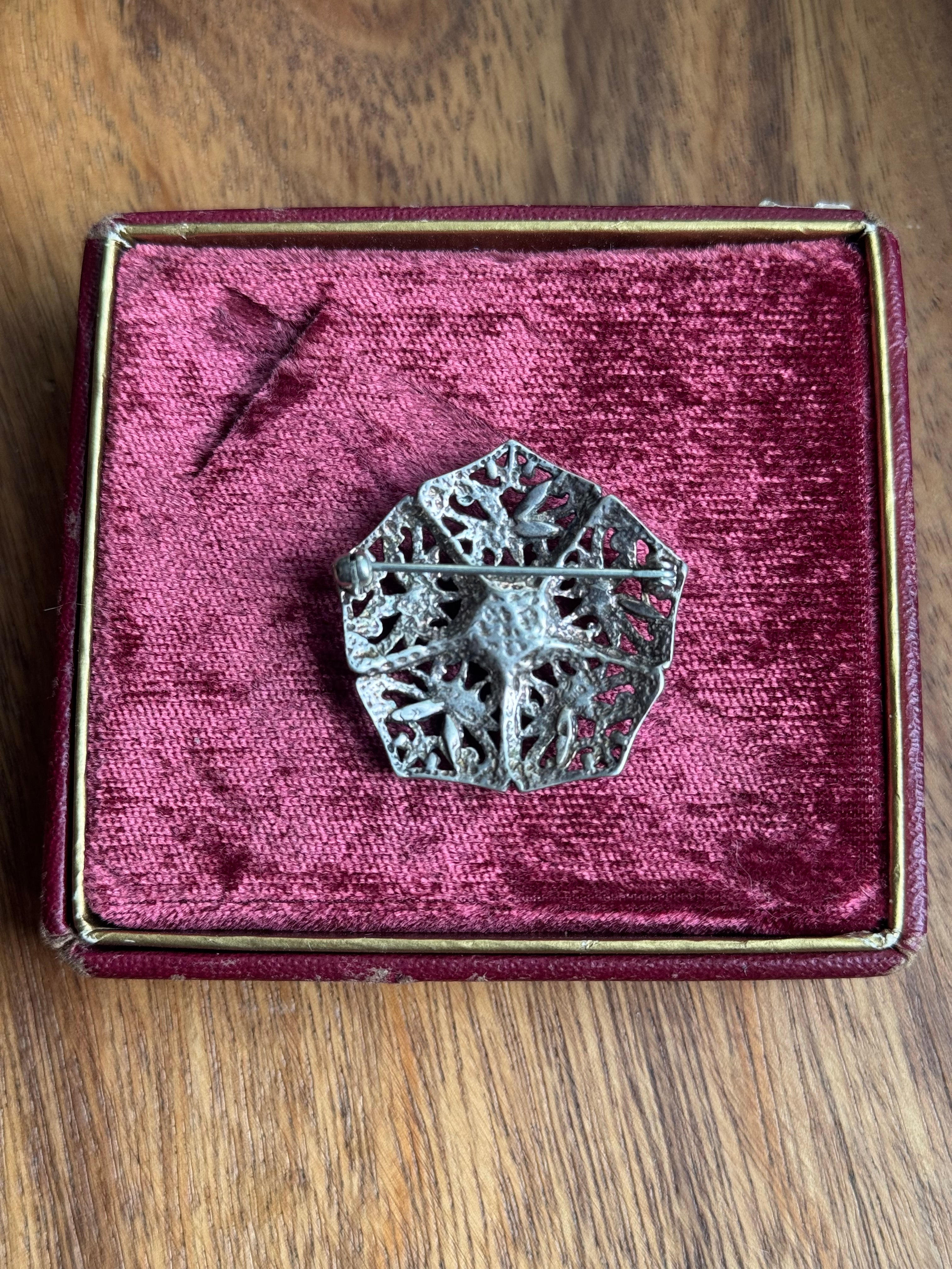 Vintage Sterling Silver Block Turquoise Filigree Flower Pin