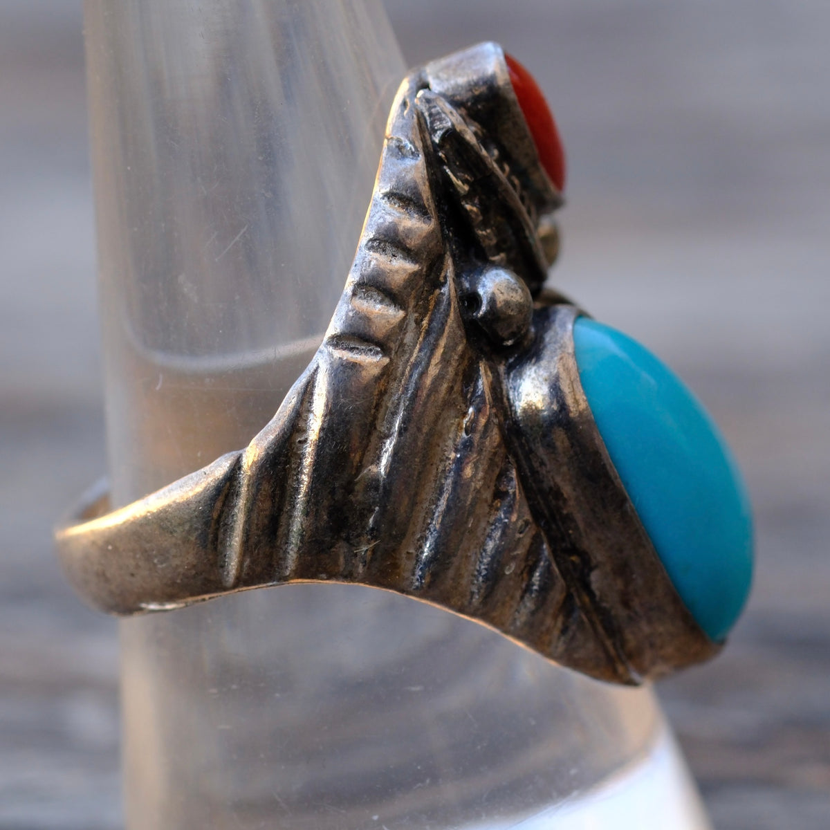 Vintage Sterling Turquoise and Coral Feather Ring 9.25