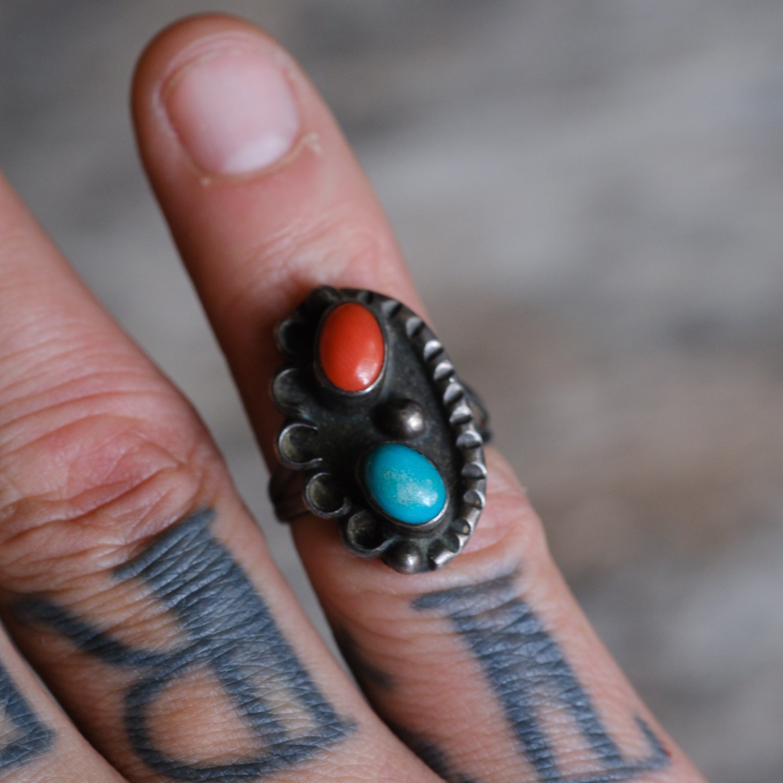 Vintage Sterling Turquoise and Coral Feather Ring 4.75
