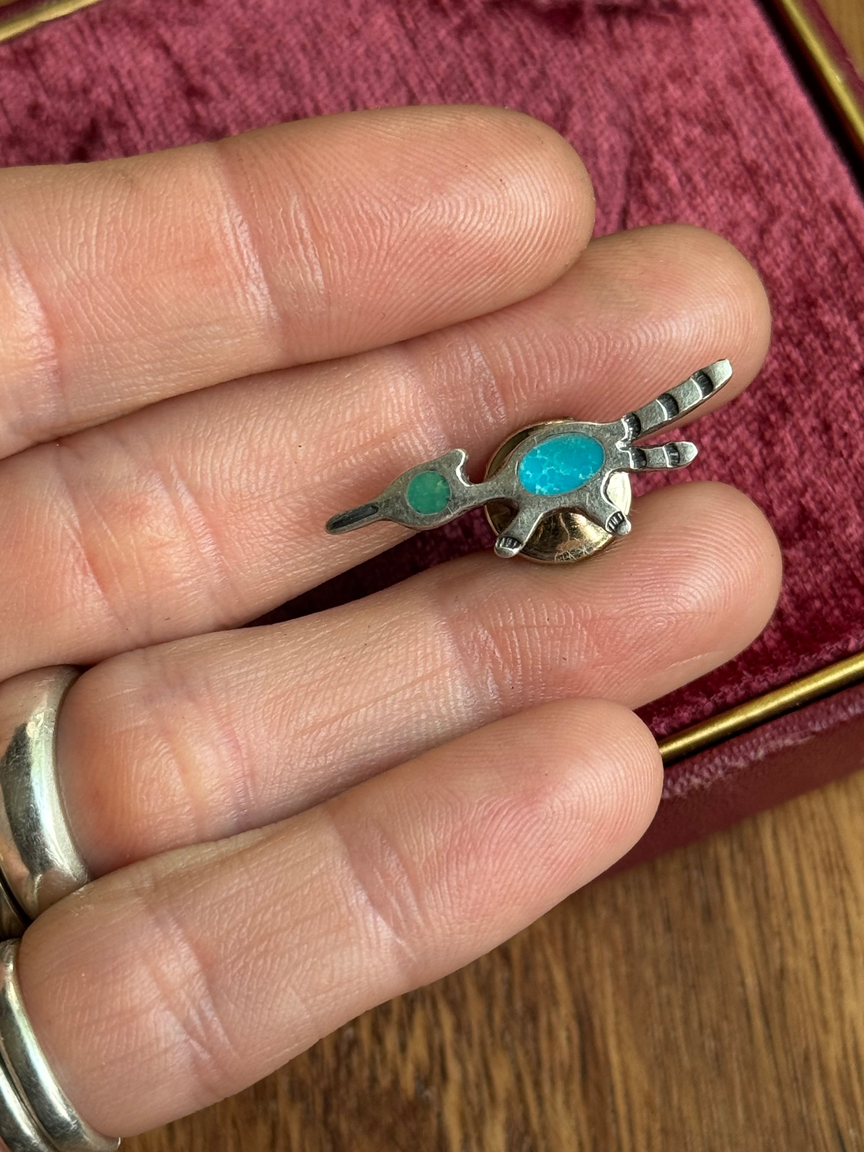 Vintage Sterling Silver Turquoise Inlay Road Runner Tack Pin