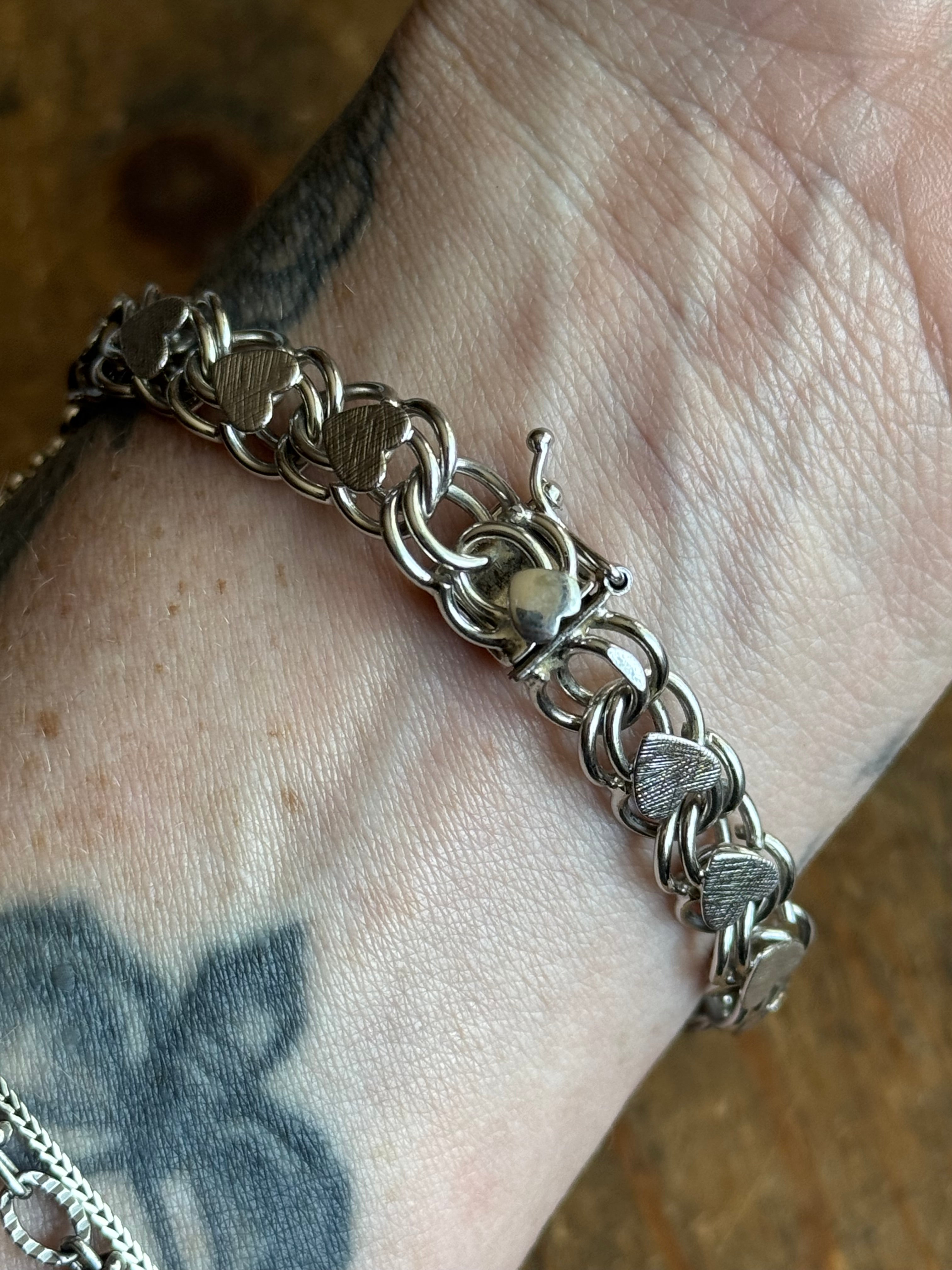 Vintage Sterling Silver 7.25” Double Heart Link Charm Bracelet