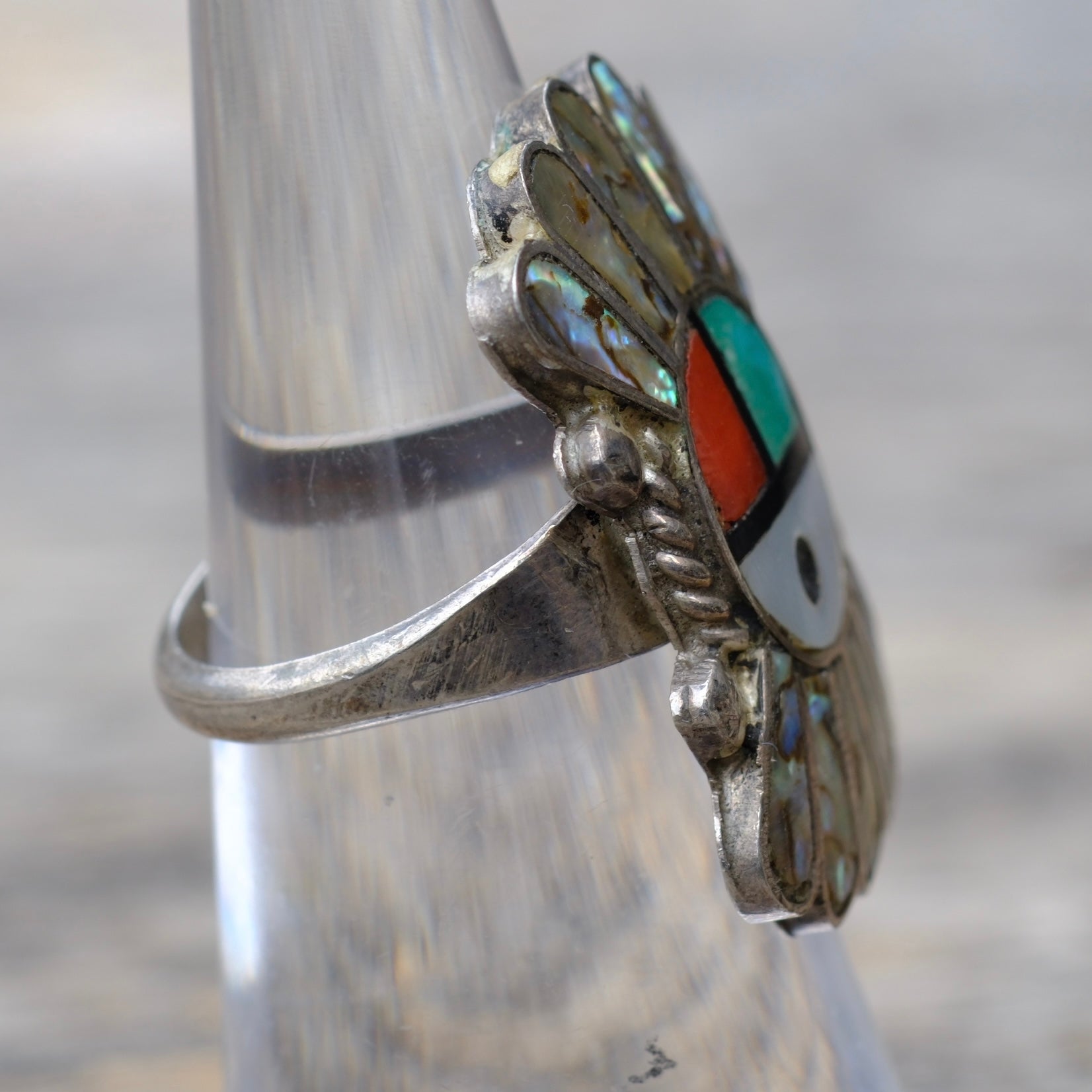 Vintage Sterling Multistone Inlay Zuni Surface Ring 4.75