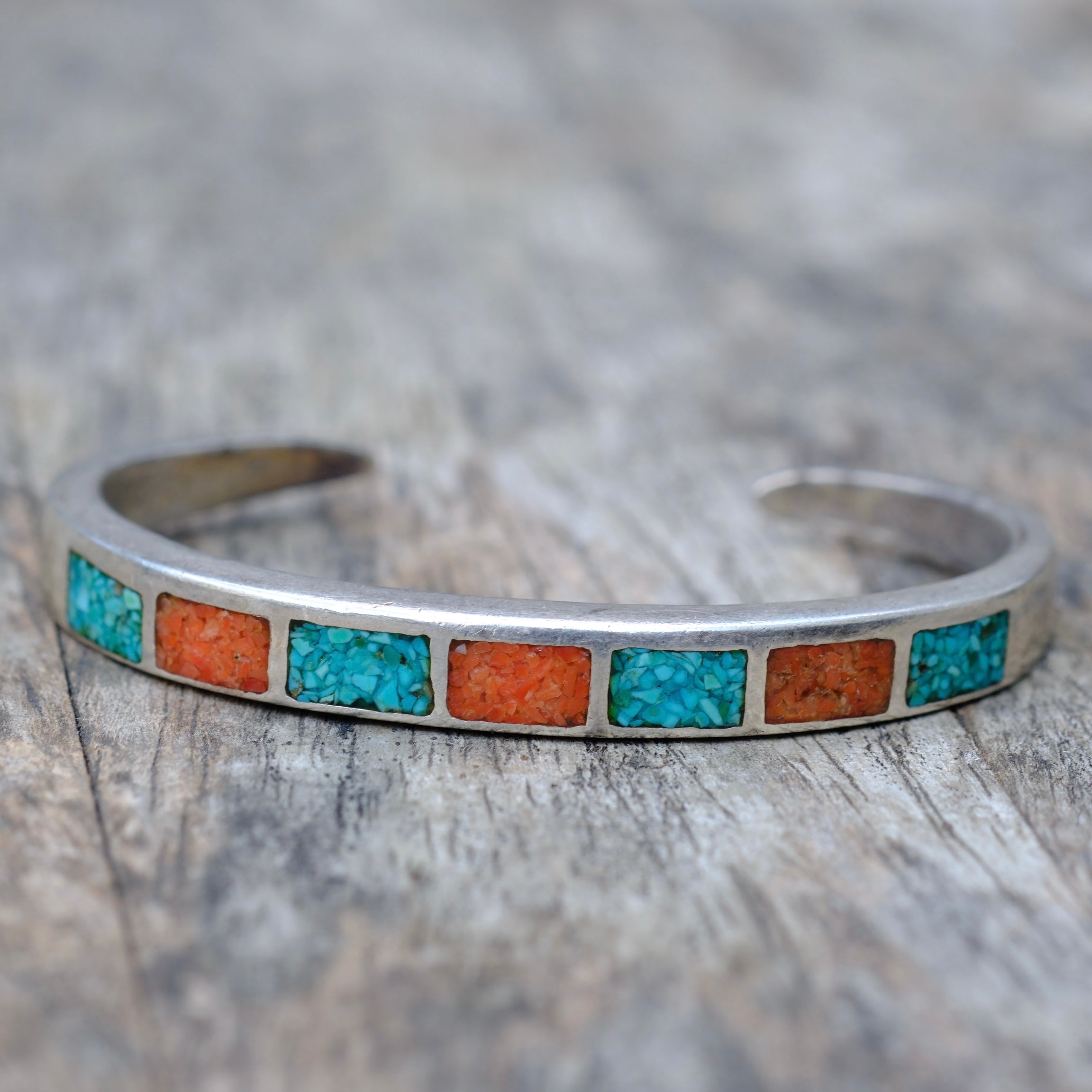 Vintage Sterling Crushed Turquoise and Coral Cuff Bracelet